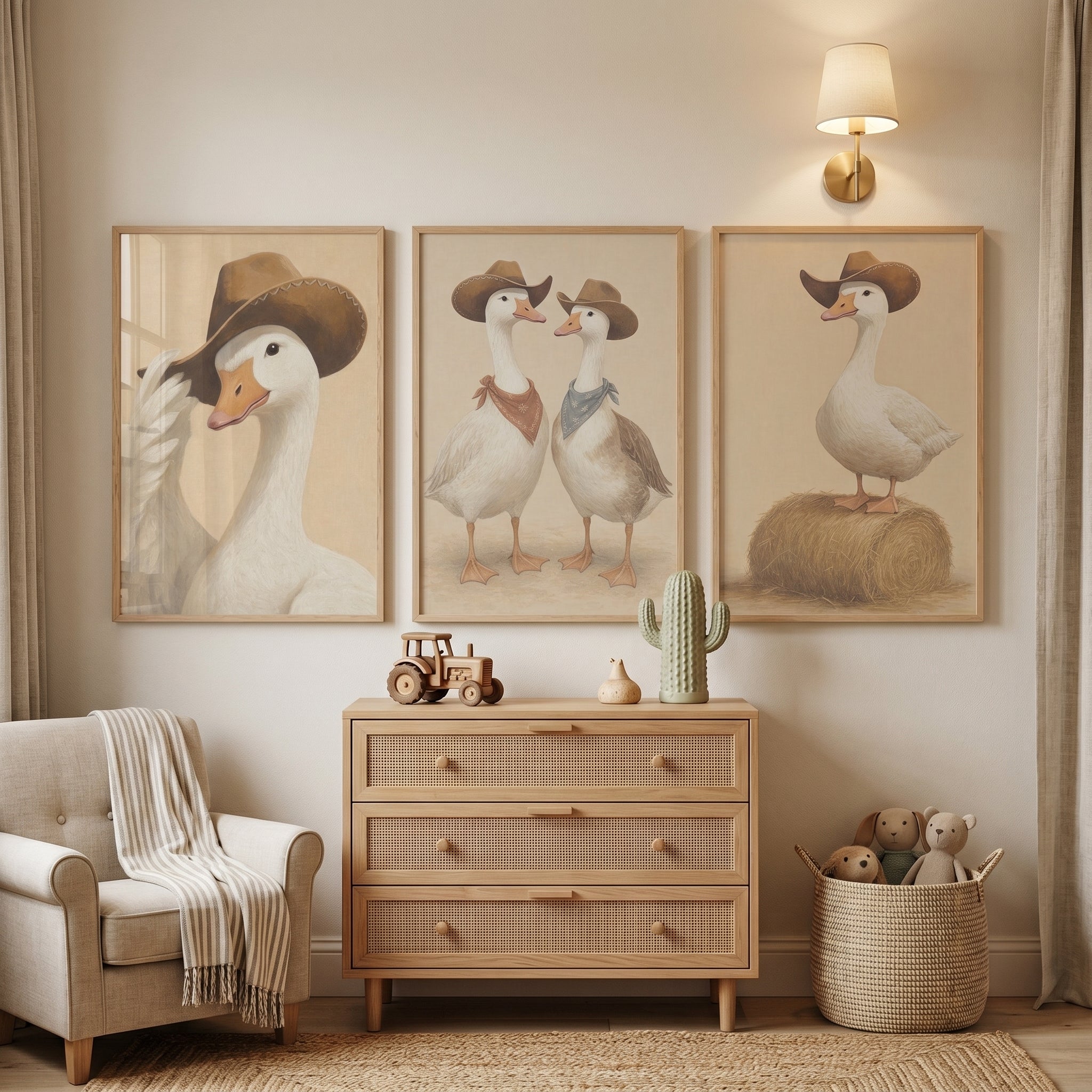 Rustic Prairie Cowboy Goose Wall Art Set of 3 - Cowboy Goose Trio