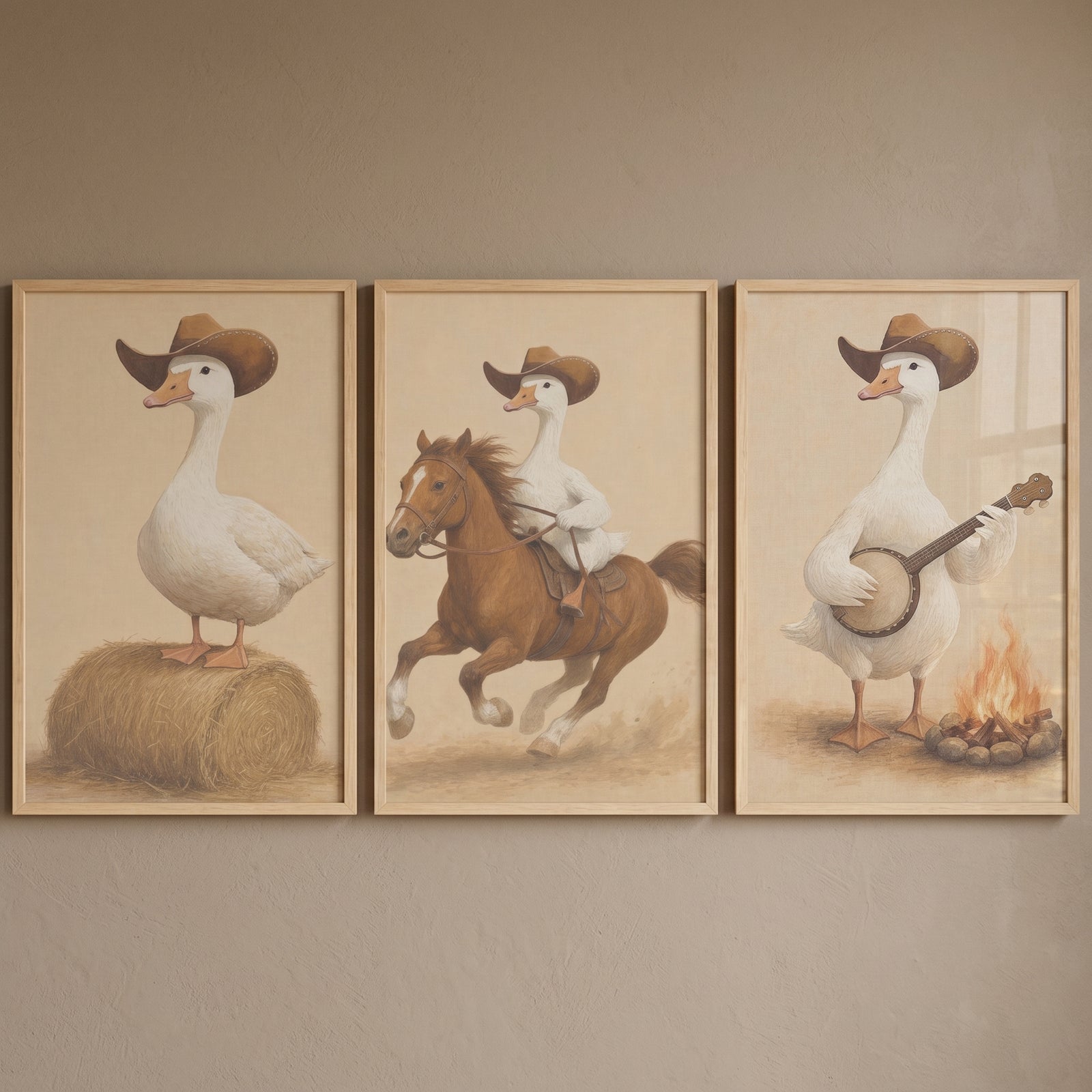 Rustic rancher cowboy goose wall art set of 3 showing a goose on a bale, riding a horse, and playing banjo by a fire.