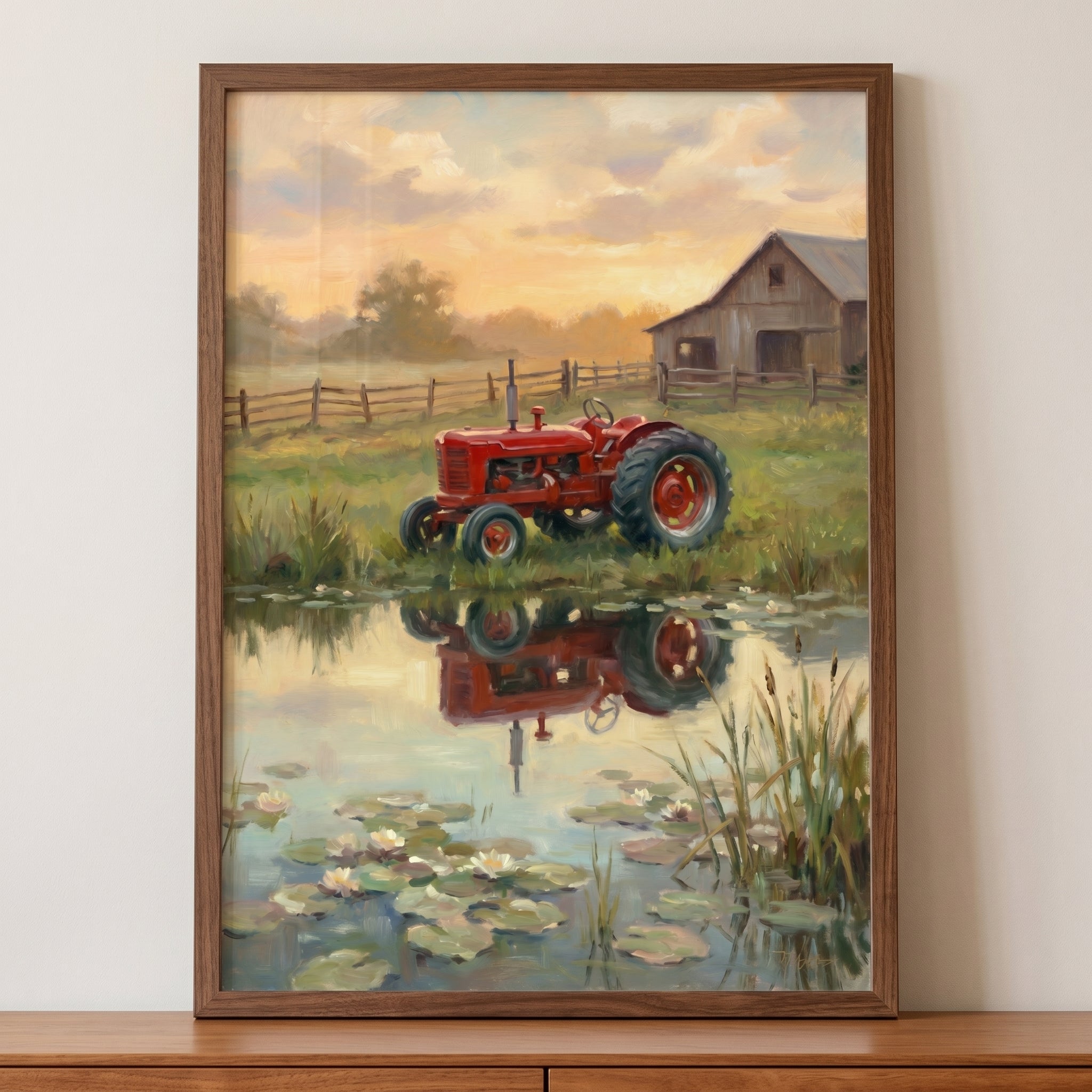 Rustic Red Farm Tractor Wall Art - Crimson Pond Reflection