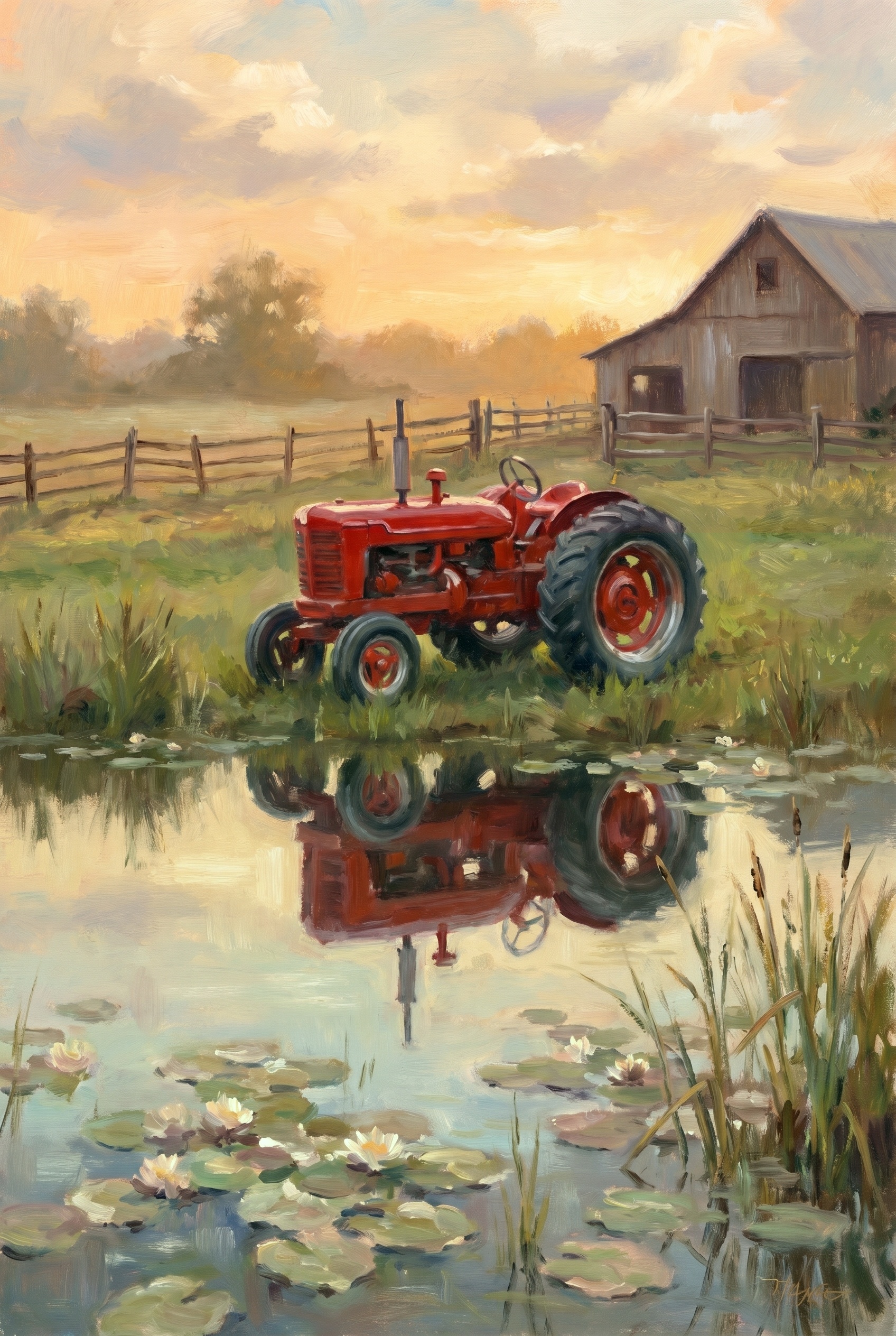 Rustic Red Farm Tractor Wall Art - Crimson Pond Reflection