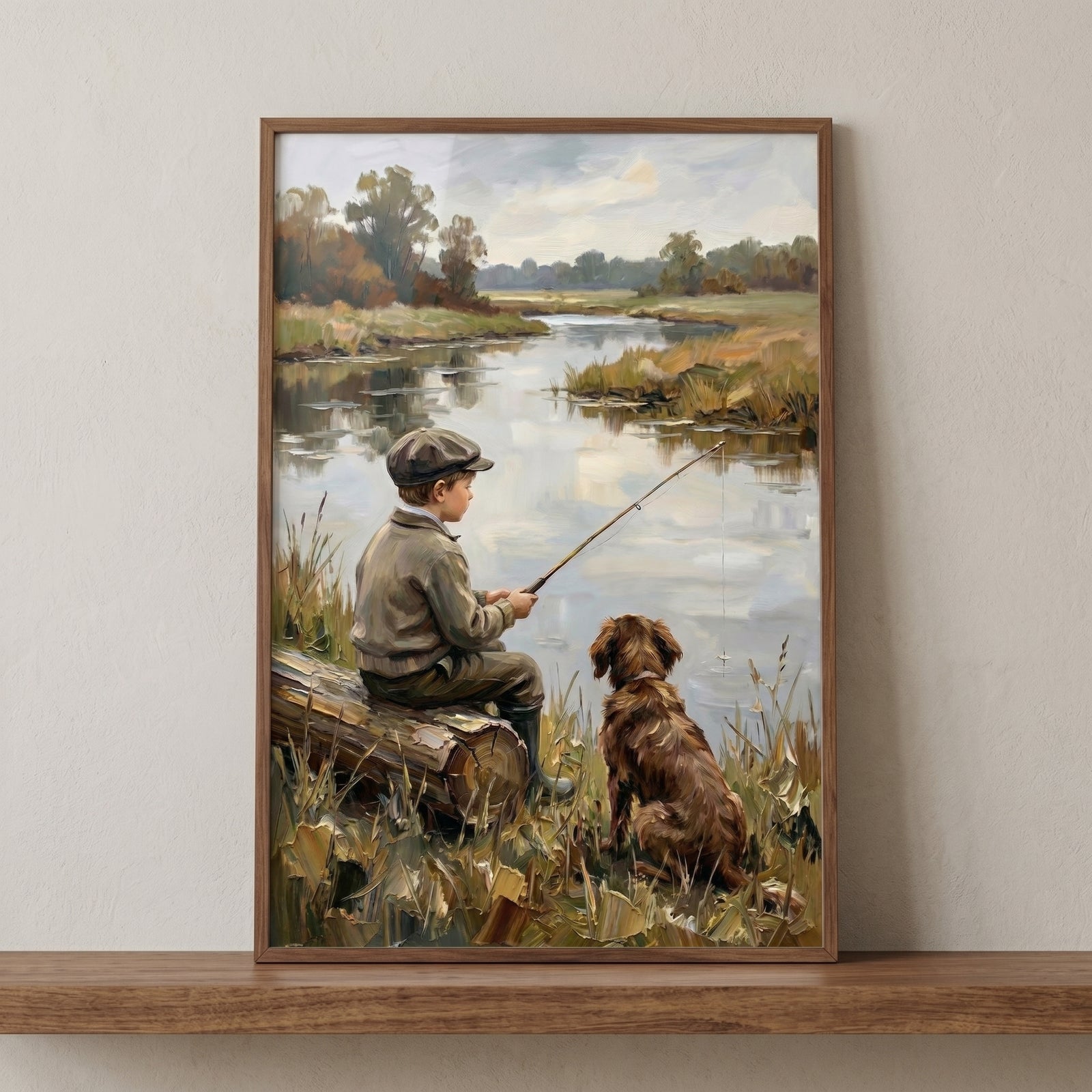 Boy in a cap sits on a log fishing beside his brown dog in this rustic riverbank fishing boy wall art.