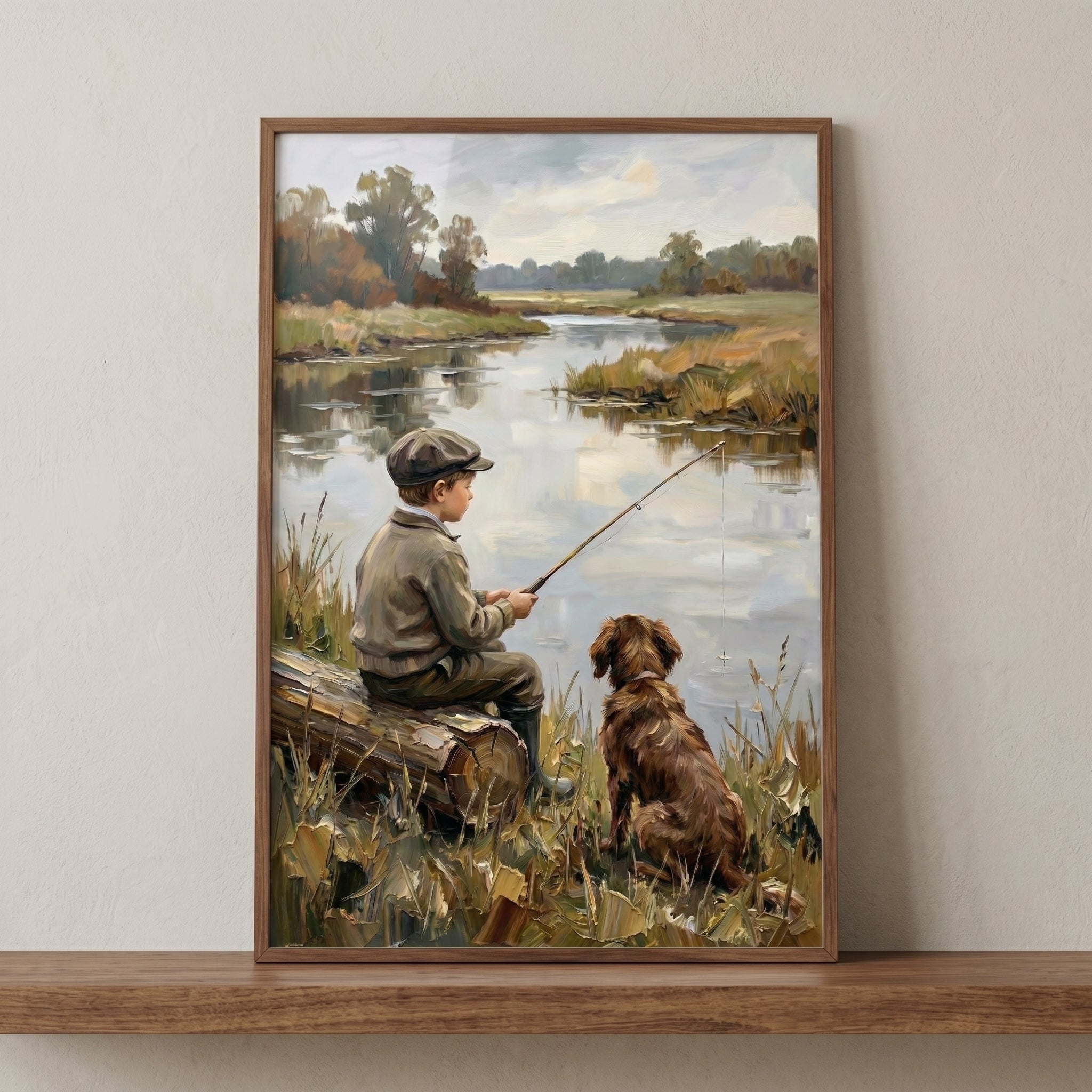 Rustic Riverbank Fishing Boy Wall Art - Quiet River Friends