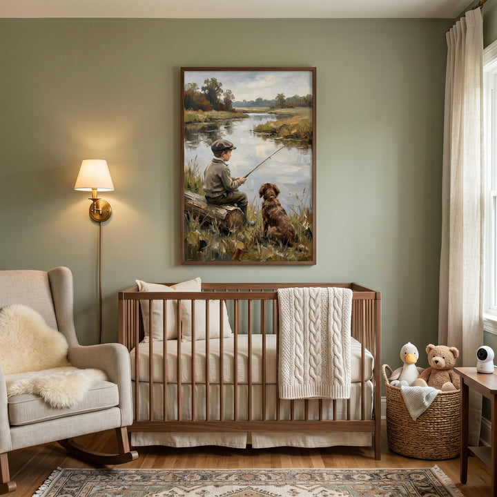Rustic riverbank fishing boy wall art hangs above a wooden crib in a neutral nursery with green walls and a rocking chair.