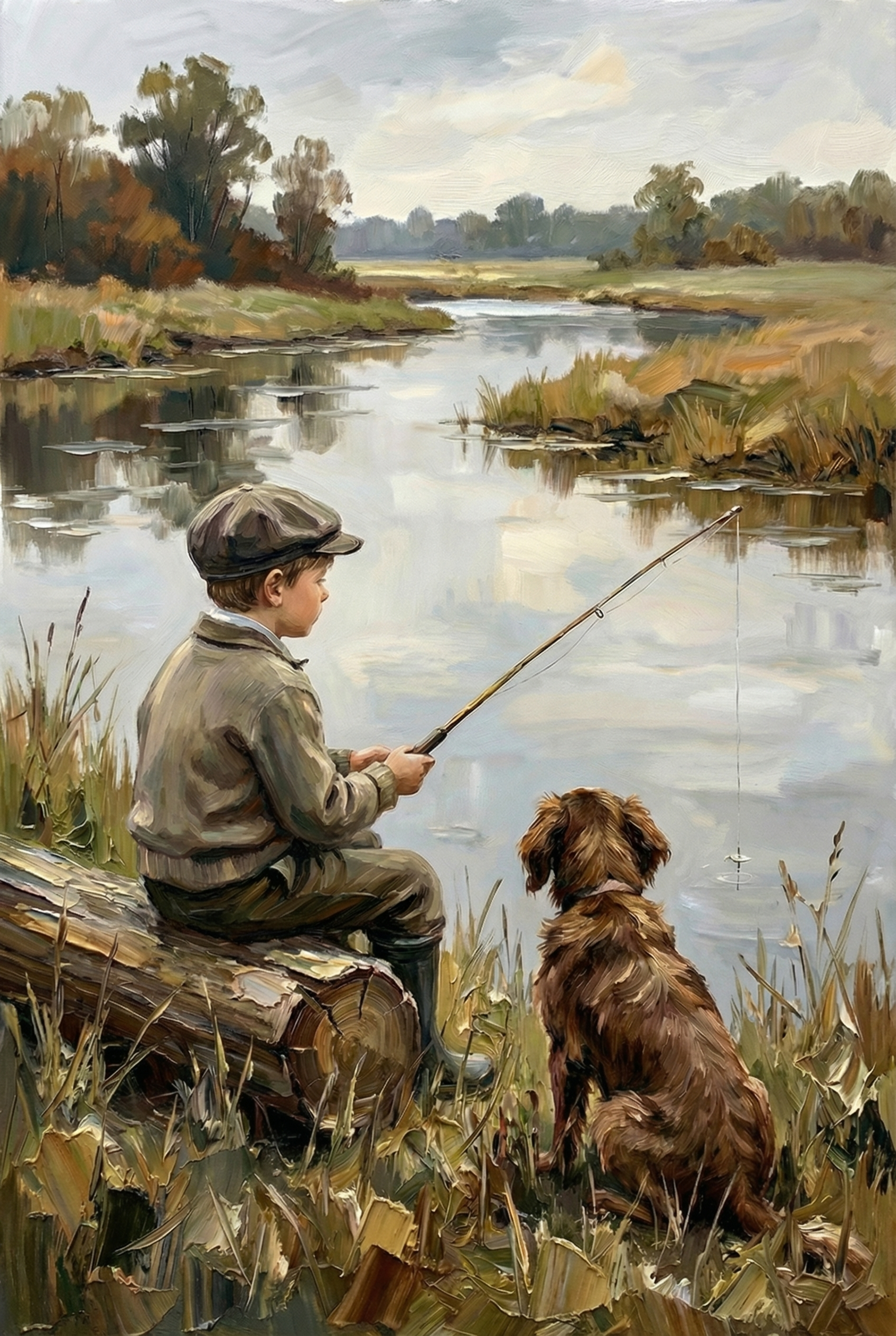 Rustic Riverbank Fishing Boy Wall Art - Quiet River Friends