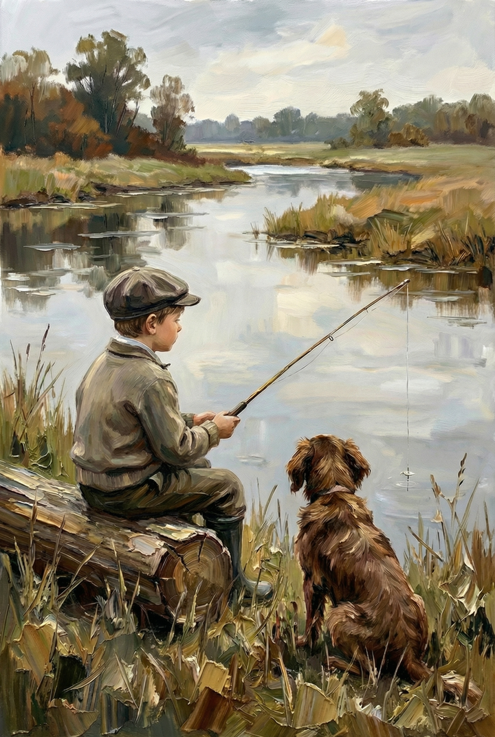  A child sits on a log by a river holding a fishing rod while a brown dog sits beside them watching the water under a cloudy sky.
