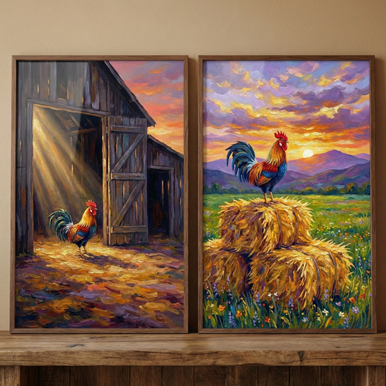 Two vertical framed art pieces are displayed side-by-side on a weathered wooden shelf against a plain wall. 

The artwork on the left depicts the interior of a rustic wooden barn with dramatic shafts of light streaming through an opening in the roof. A colorful rooster with red, blue, and gold feathers stands on the textured dirt floor, centered within the beams of light. Through the barn's open doorway, a sunset sky with shades of orange and purple is visible.

