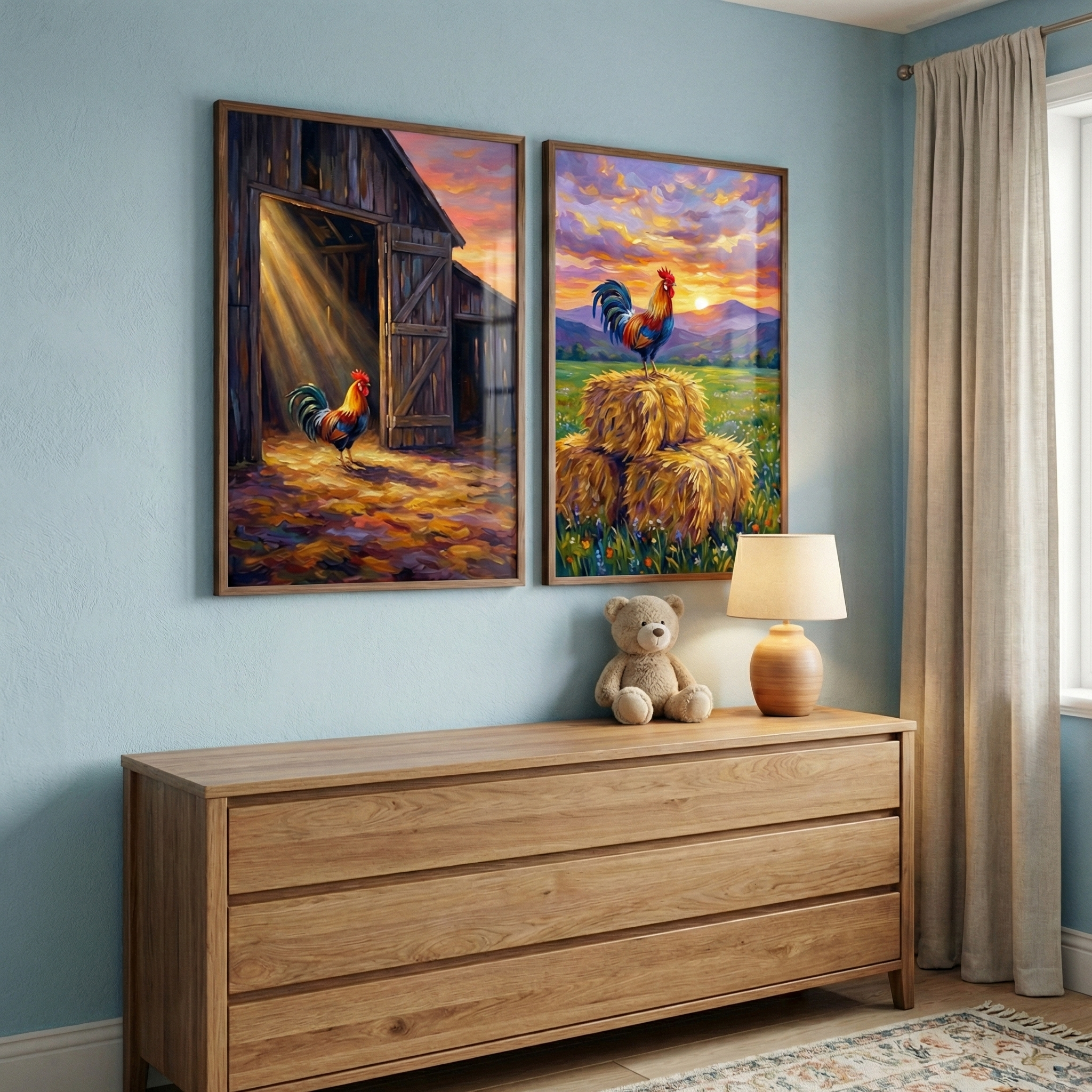 Rustic Rooster Print Set of 2 - Golden Country Dawn