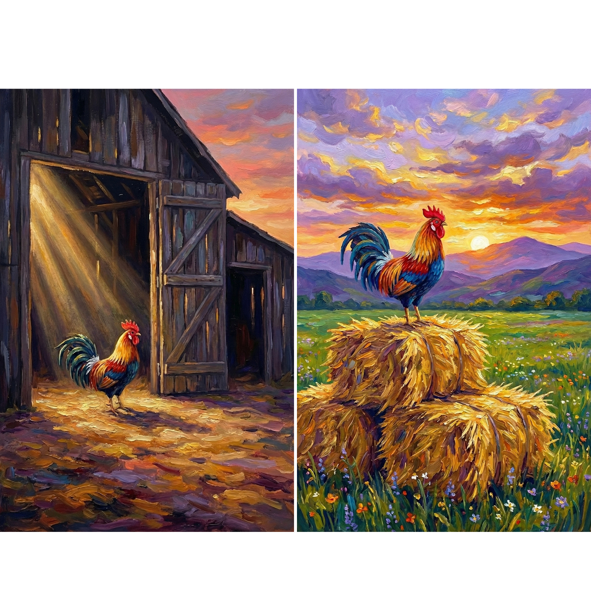Farmhouse wall art set featuring two vibrant sunset paintings of a colorful rooster in rustic country settings. One panel shows the rooster standing inside a wooden barn doorway as warm golden light streams through the open doors onto the textured floor, while the other captures the rooster perched proudly on stacked hay bales in a blooming meadow with rolling hills and glowing mountains beneath a dramatic purple and orange sky. 