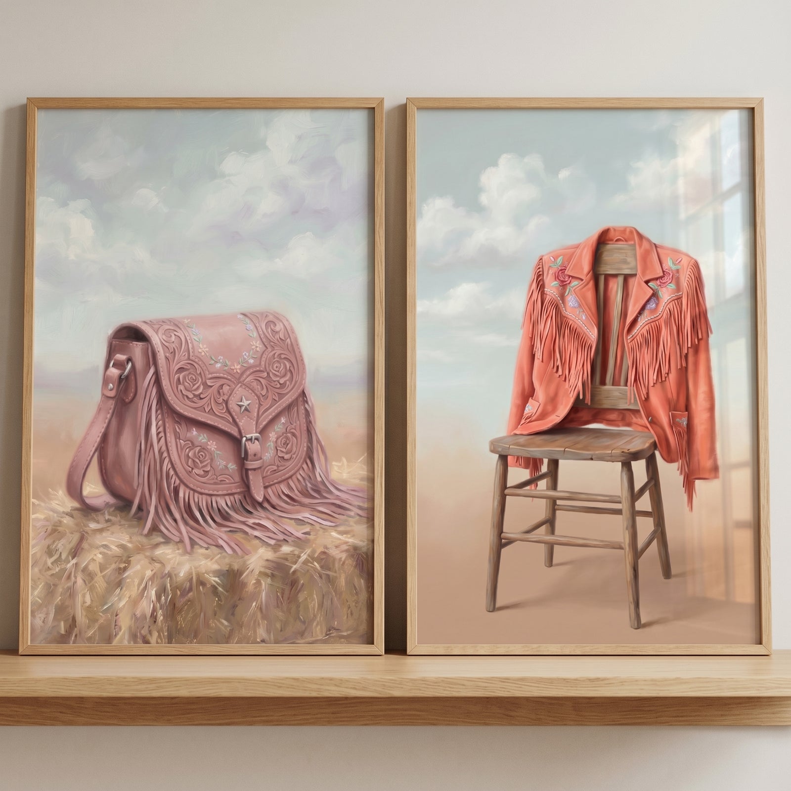 Rustic rose western gear wall art set of 2 depicts a pink fringed bag on hay and an orange jacket on a wooden chair.