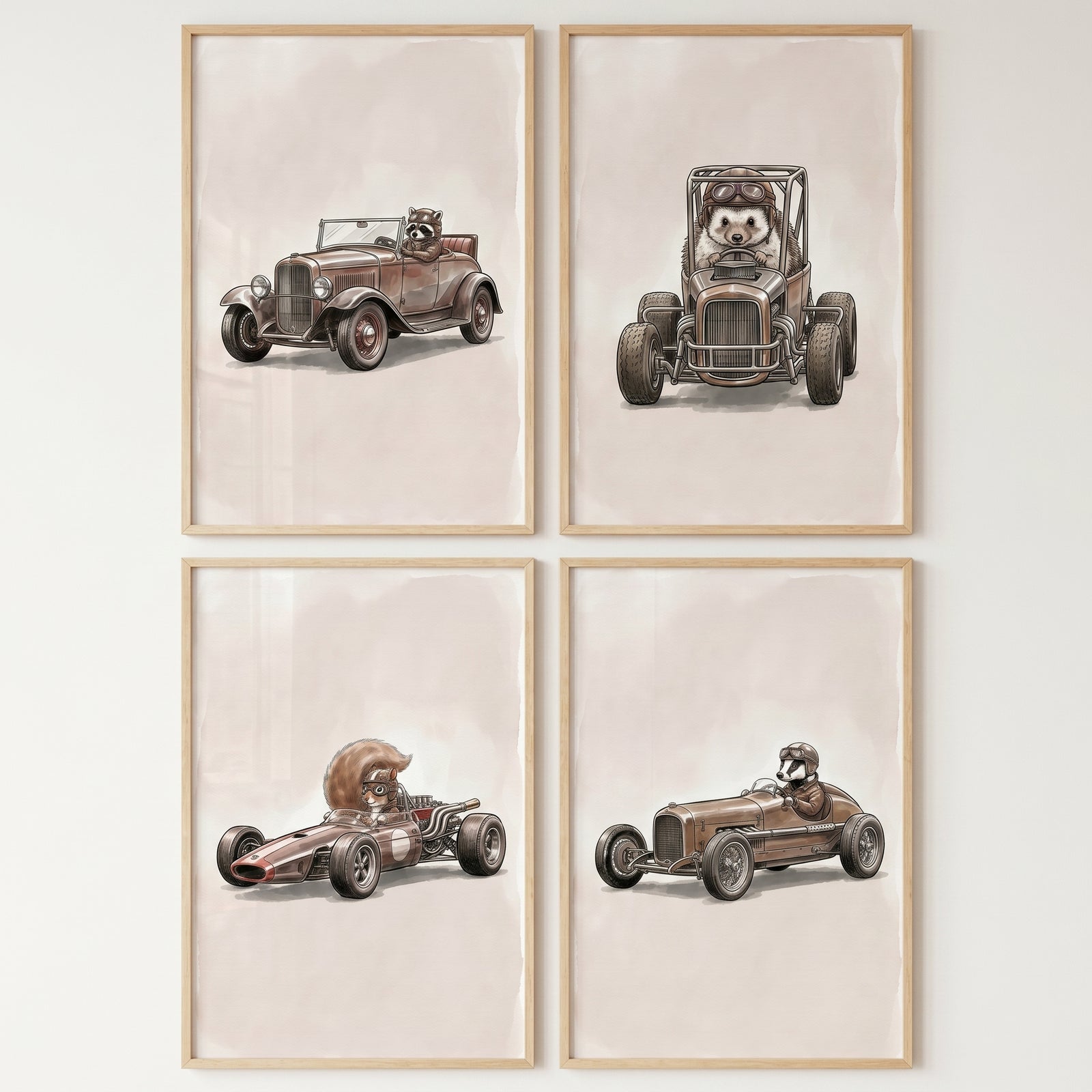 Rustic sepia racing animal wall art set of 4 with a raccoon, hedgehog, squirrel, and badger in vintage race cars.