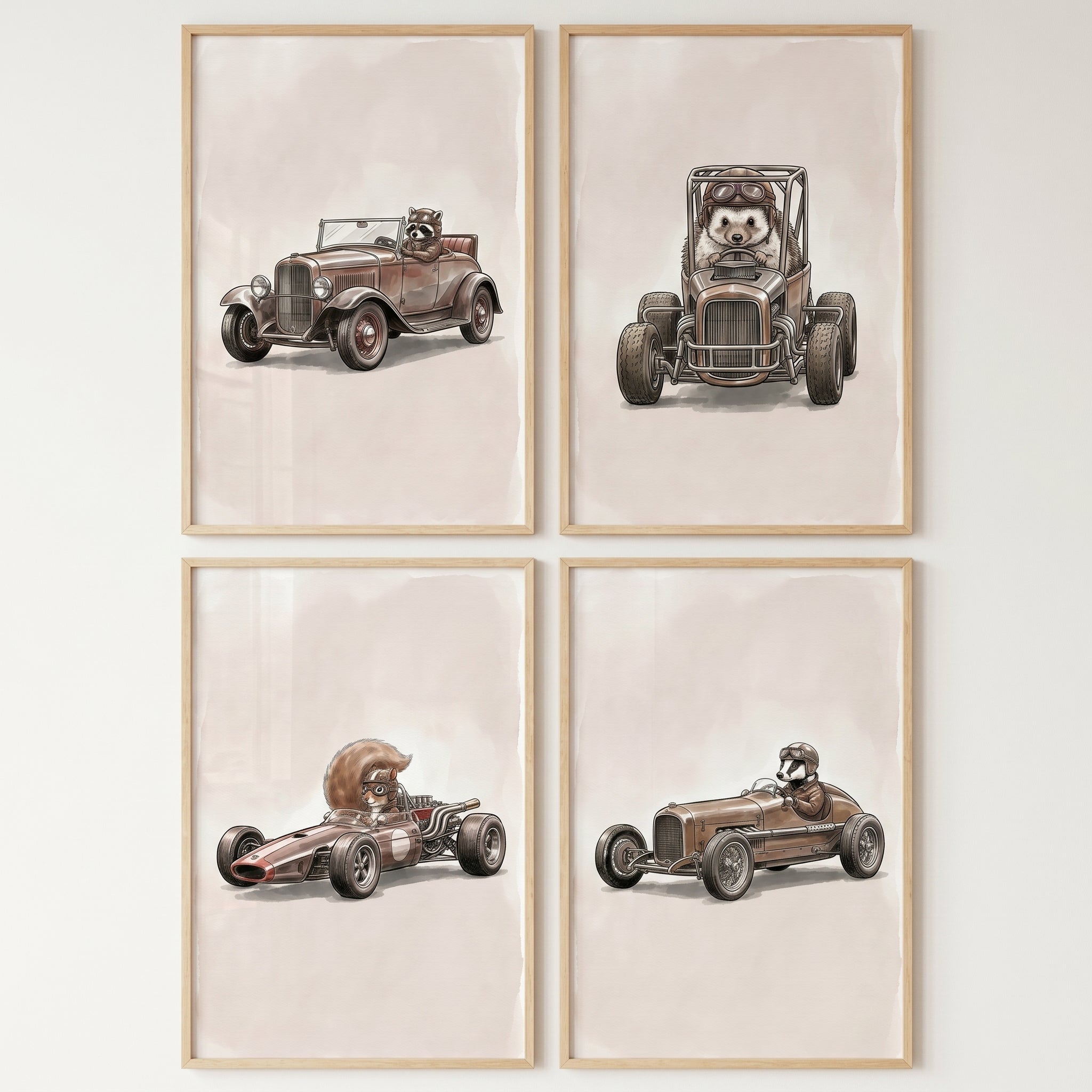 Rustic Sepia Racing Animal Wall Art Set of 4 - Woodland Hot Rods