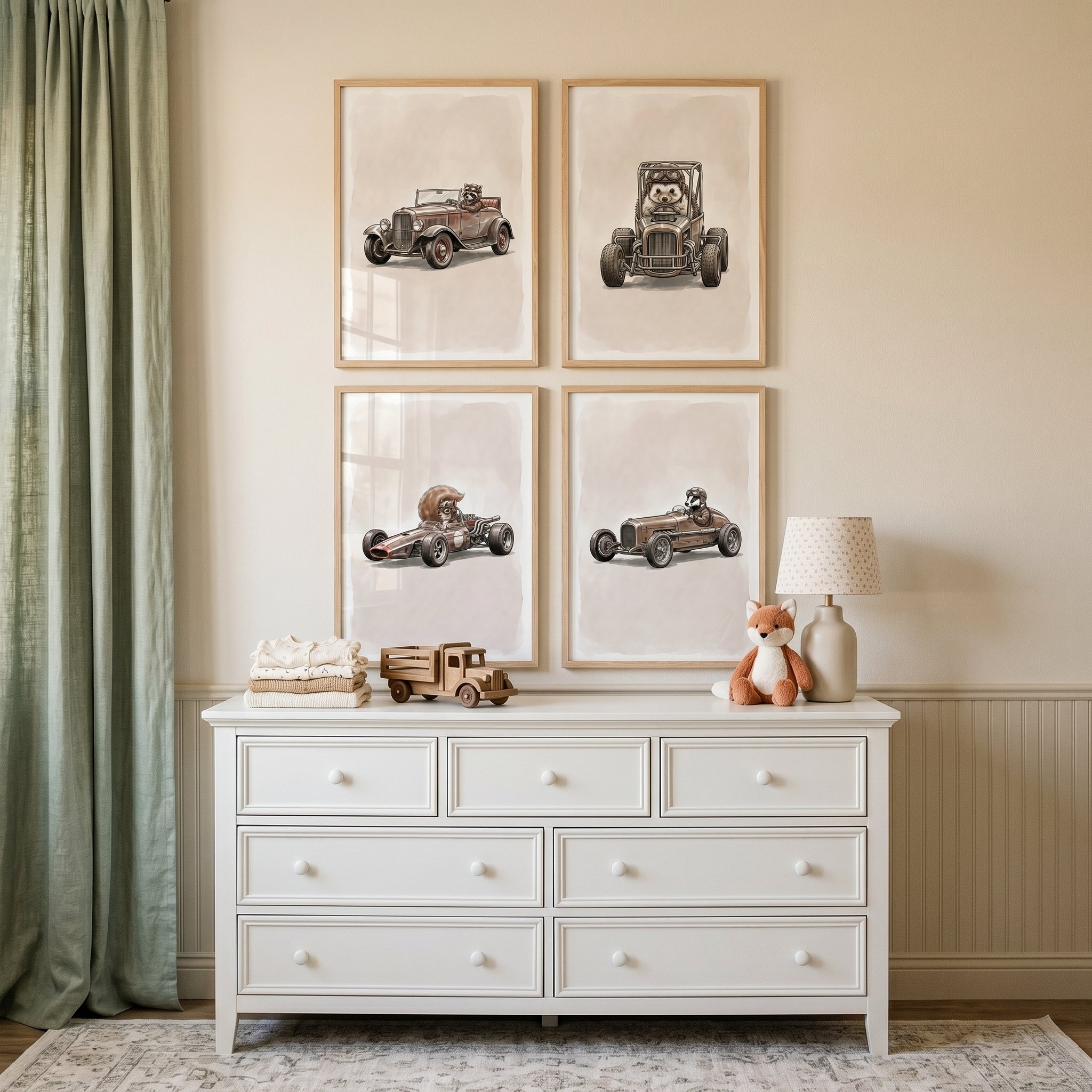 Rustic Sepia Racing Animal Wall Art Set of 4 - Woodland Hot Rods