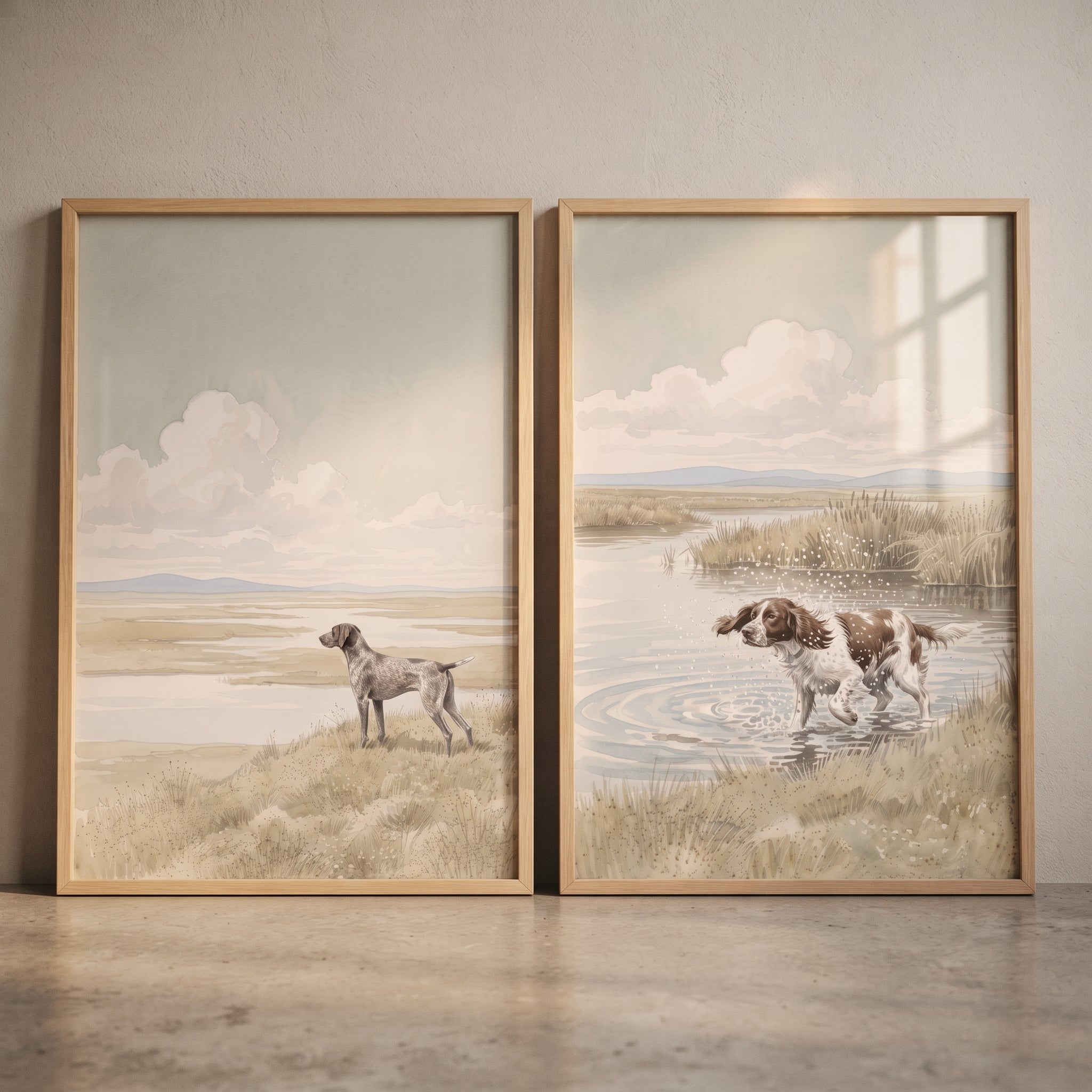 Rustic Serene Wetland Sporting Dog Artwork Set of 2 - Marshland Companions