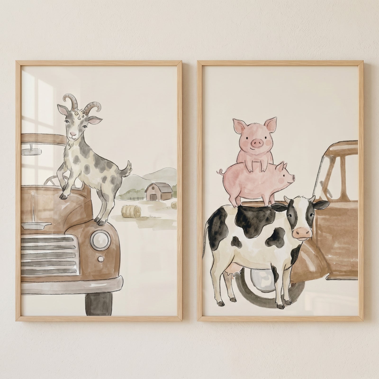 A goat on a brown truck and pigs stacked on a cow in this rustic watercolor farm animal wall art set of 2.
