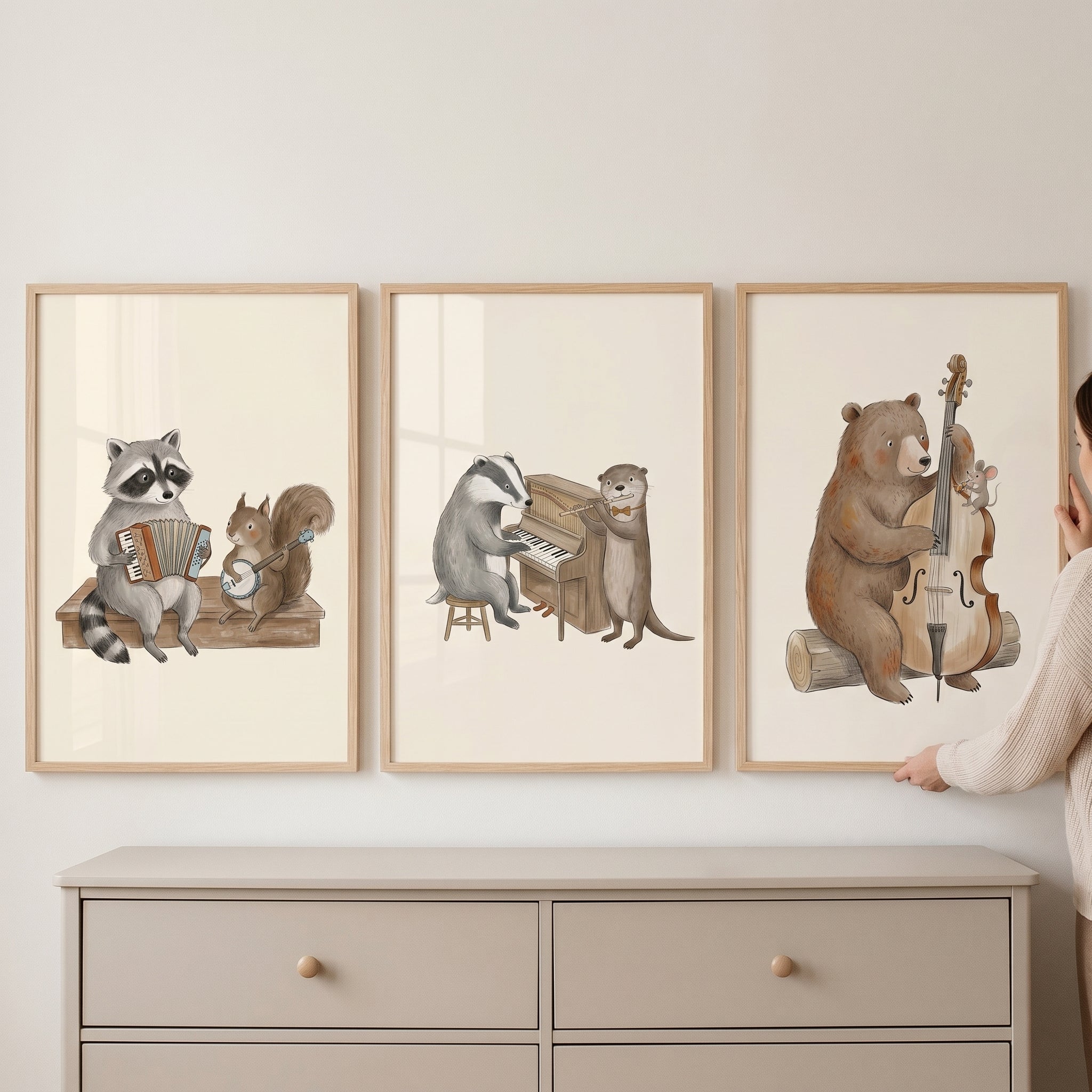 Rustic Watercolor Instrumental Animals Wall Art Set Of 3 - Forest Folk Melodies