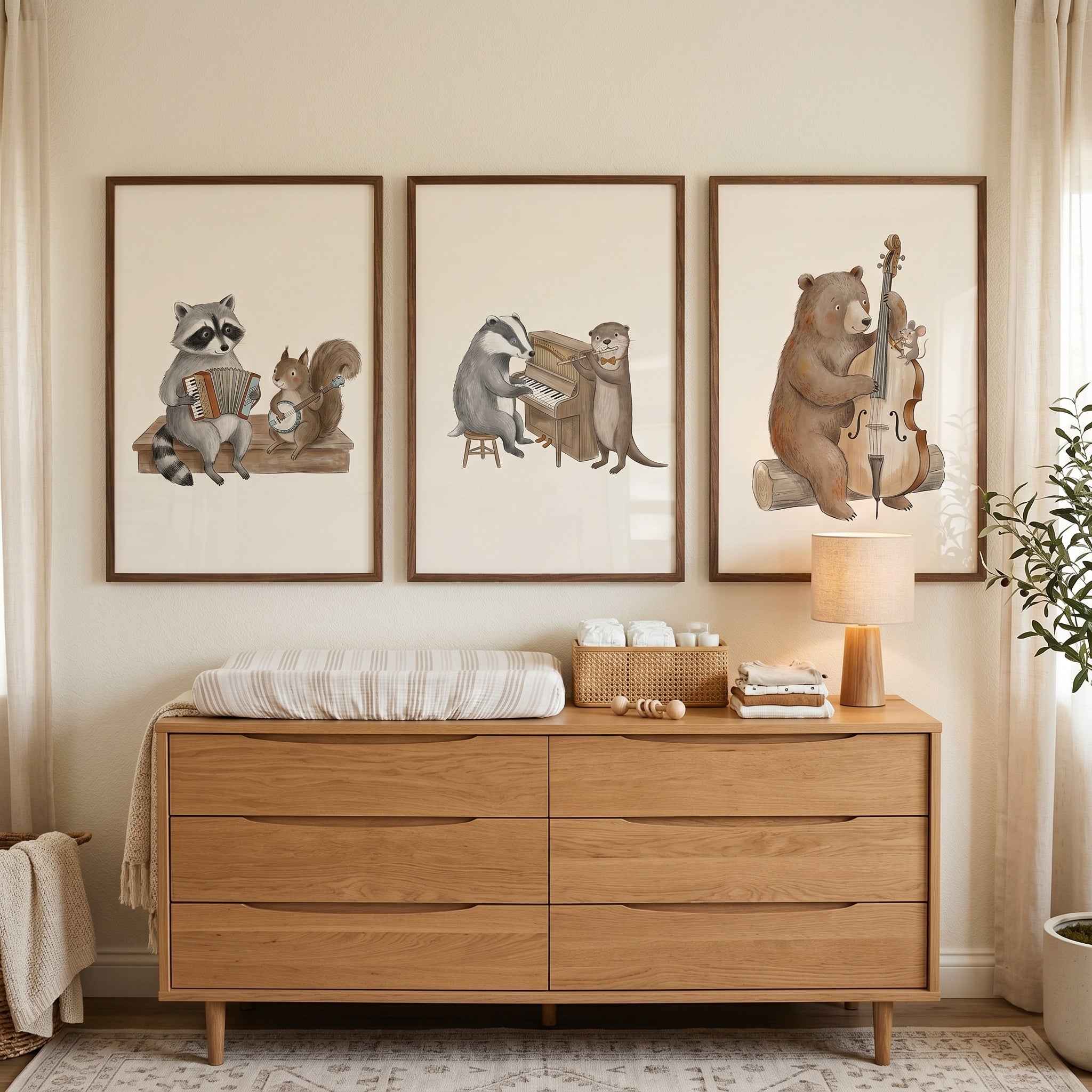 Rustic Watercolor Instrumental Animals Wall Art Set Of 3 - Forest Folk Melodies