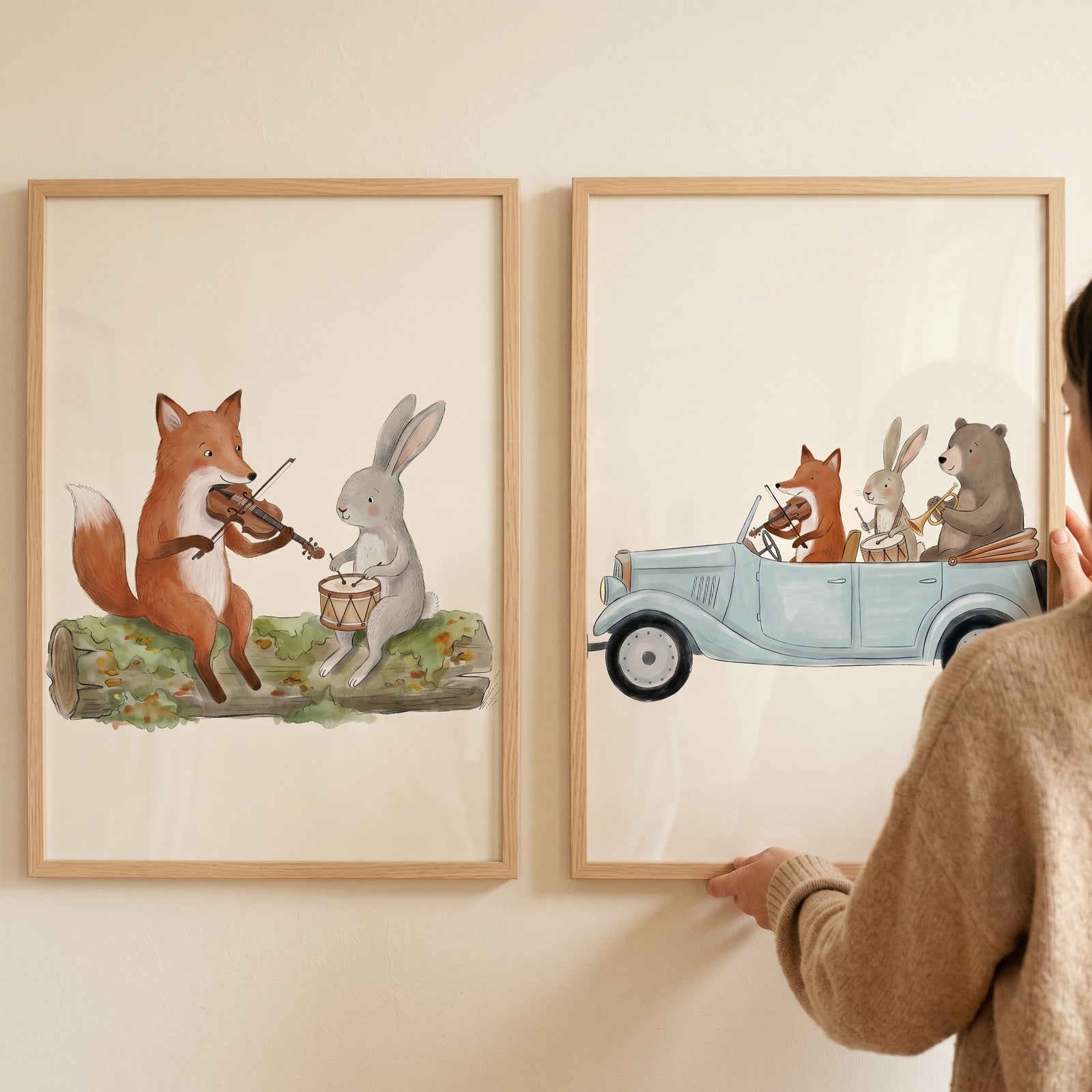 Rustic whimsical musical animals wall art set of 2 shows a fox, rabbit, and bear playing instruments on a log and in a car.