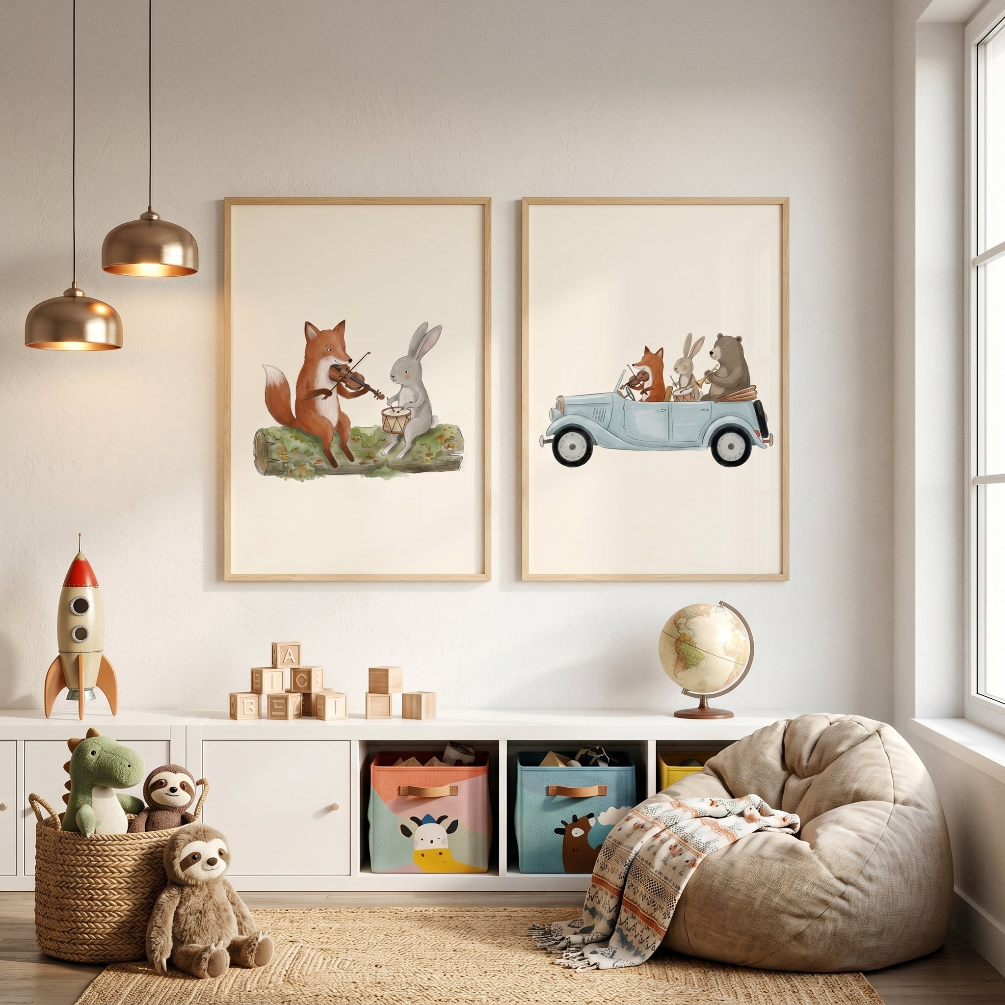 Rustic Whimsical Musical Animals Wall Art Set Of 2 - Woodland Band Journey