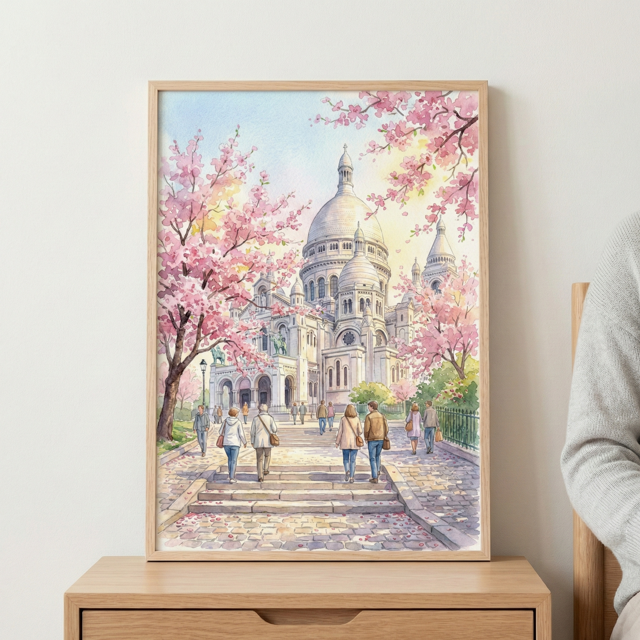 Parisian Basilica Watercolor Cherry Blossom Wall Art - Springtime Basilica Bloom