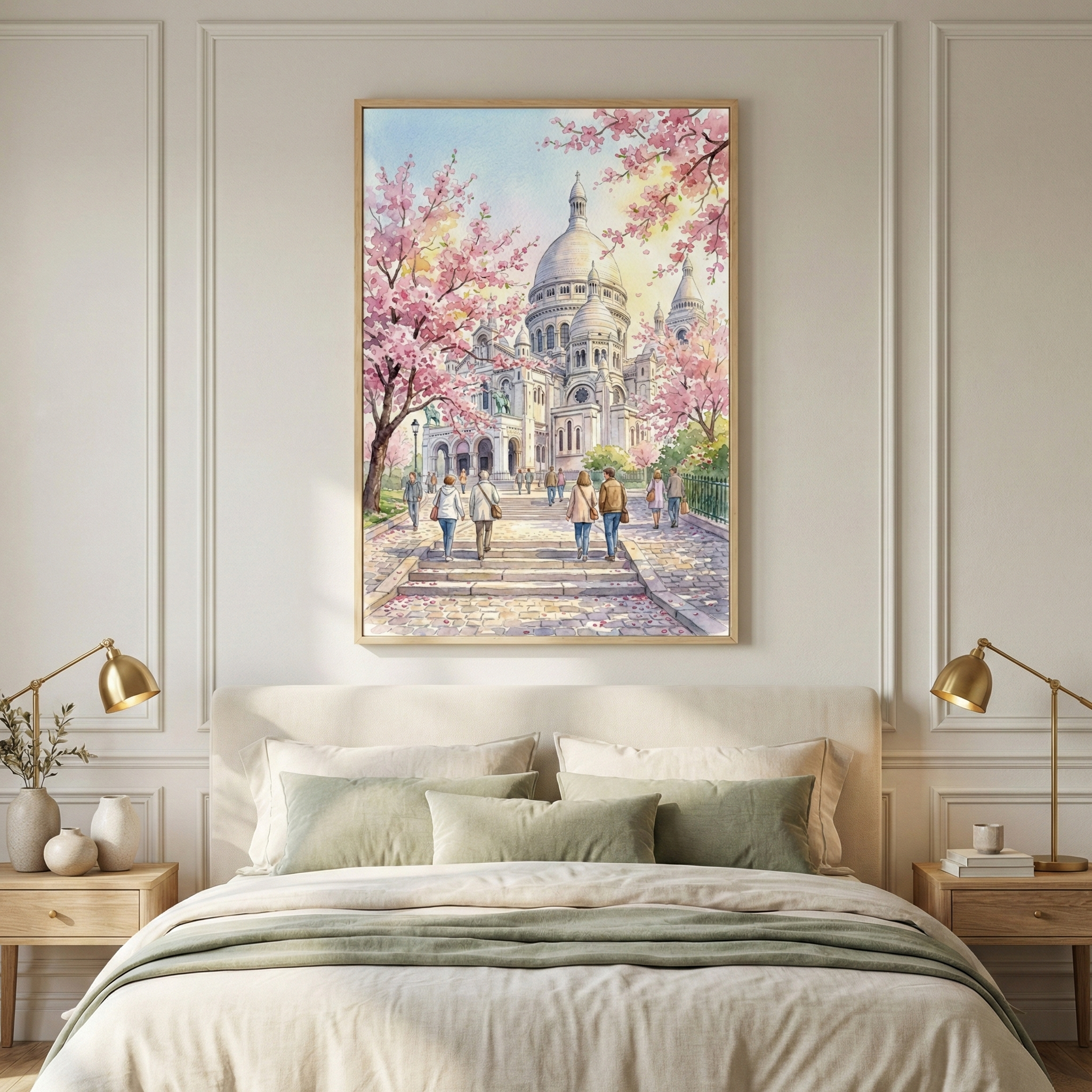 The same watercolor painting is elegantly hung above a bed in a softly lit, neutral-toned bedroom. The artwork’s serene scene of Sacré-Cœur and cherry blossoms brings a romantic Parisian charm to the calming interior decor.