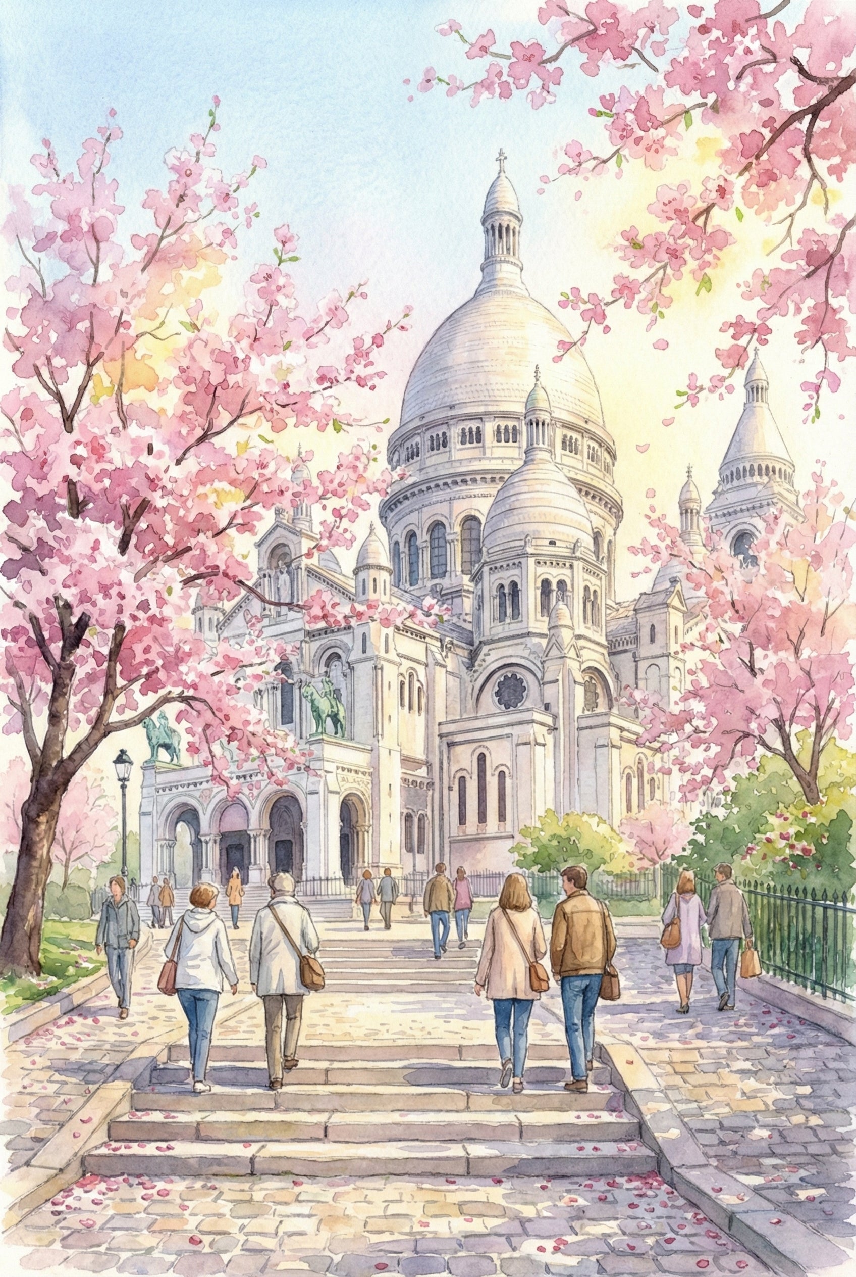 A detailed view of the watercolor illustration showing the iconic domes of Sacré-Cœur rising behind vibrant cherry blossoms. Pedestrians walk along the cobblestone path leading to the basilica, capturing the gentle energy of springtime in Paris with delicate color and light.