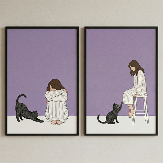 Two framed illustrations hung side-by-side against a neutral wall. Each features a girl with long brown hair wearing a white striped dress and a black cat against a minimalist purple and white background. In the left frame, the girl sits curled on the floor while the cat stretches towards her. In the right frame, the girl sits on a tall white stool while the cat reaches up a paw towards her leg.