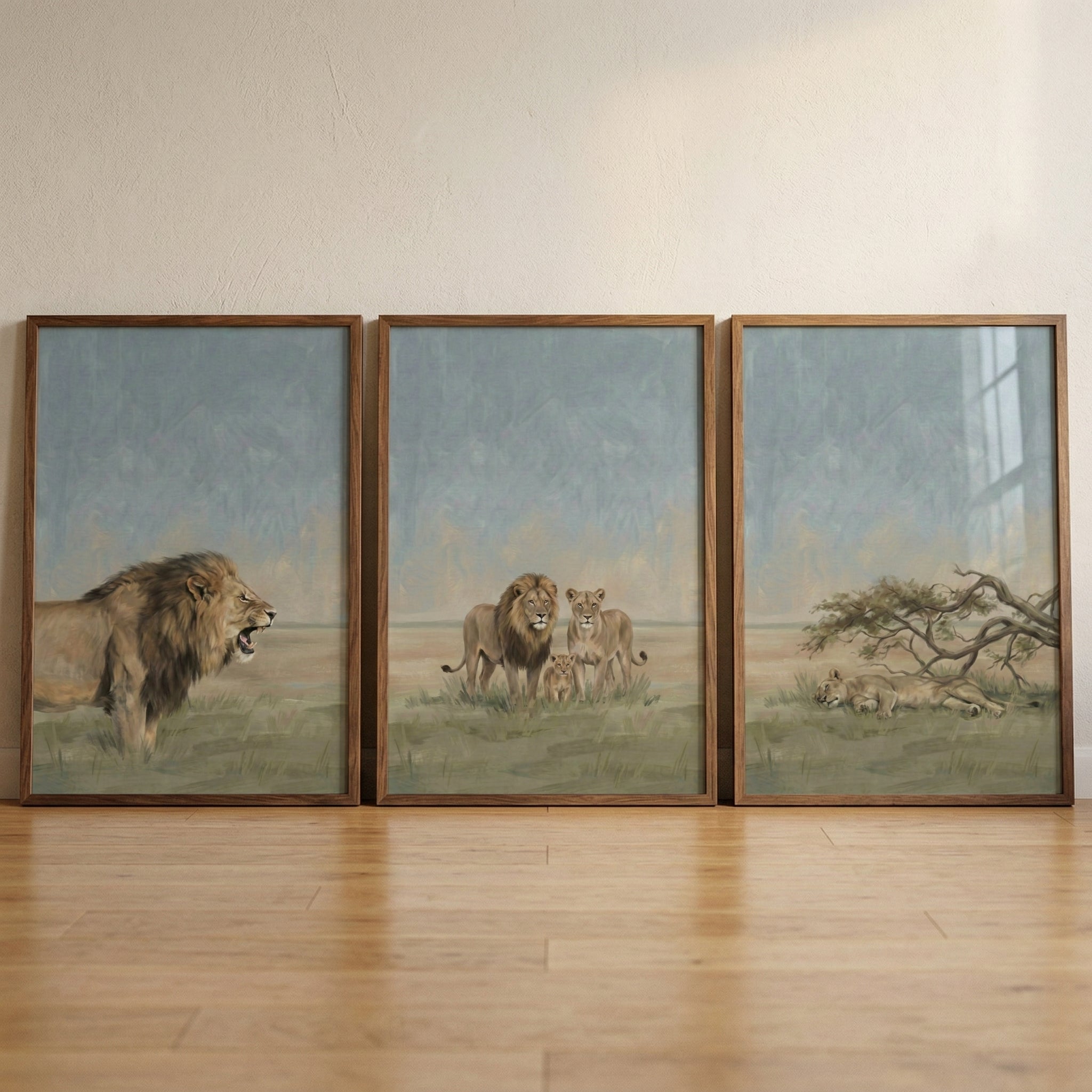 Safari Animal Nursery Wall Art Set of 3 - Majestic Lion Pride