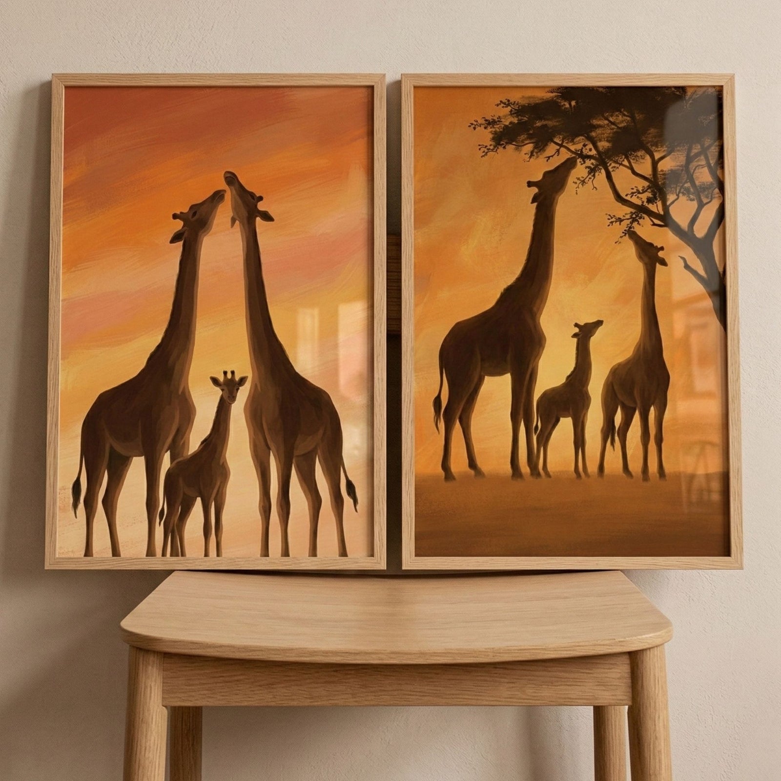 Two framed giraffe paintings show warm sunset family scenes in soft golden tones. One artwork shows two tall giraffes standing close together with a small calf between them beneath an orange sky. The other shows a giraffe family of three adults and a young calf standing beneath a tree as one giraffe reaches up toward the branches.