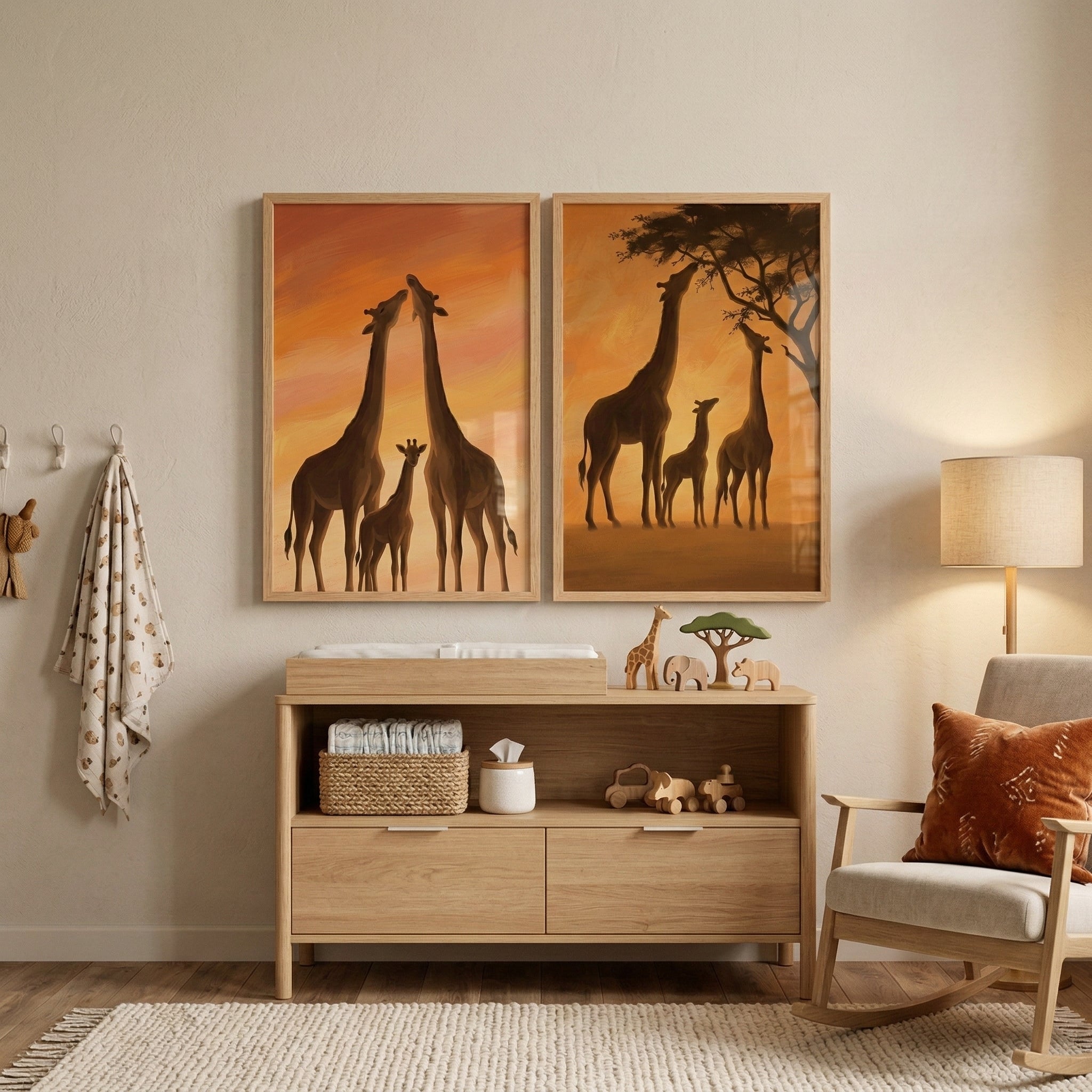 Safari Giraffe Trio Wall Art Set of 2 - Golden Savanna Family