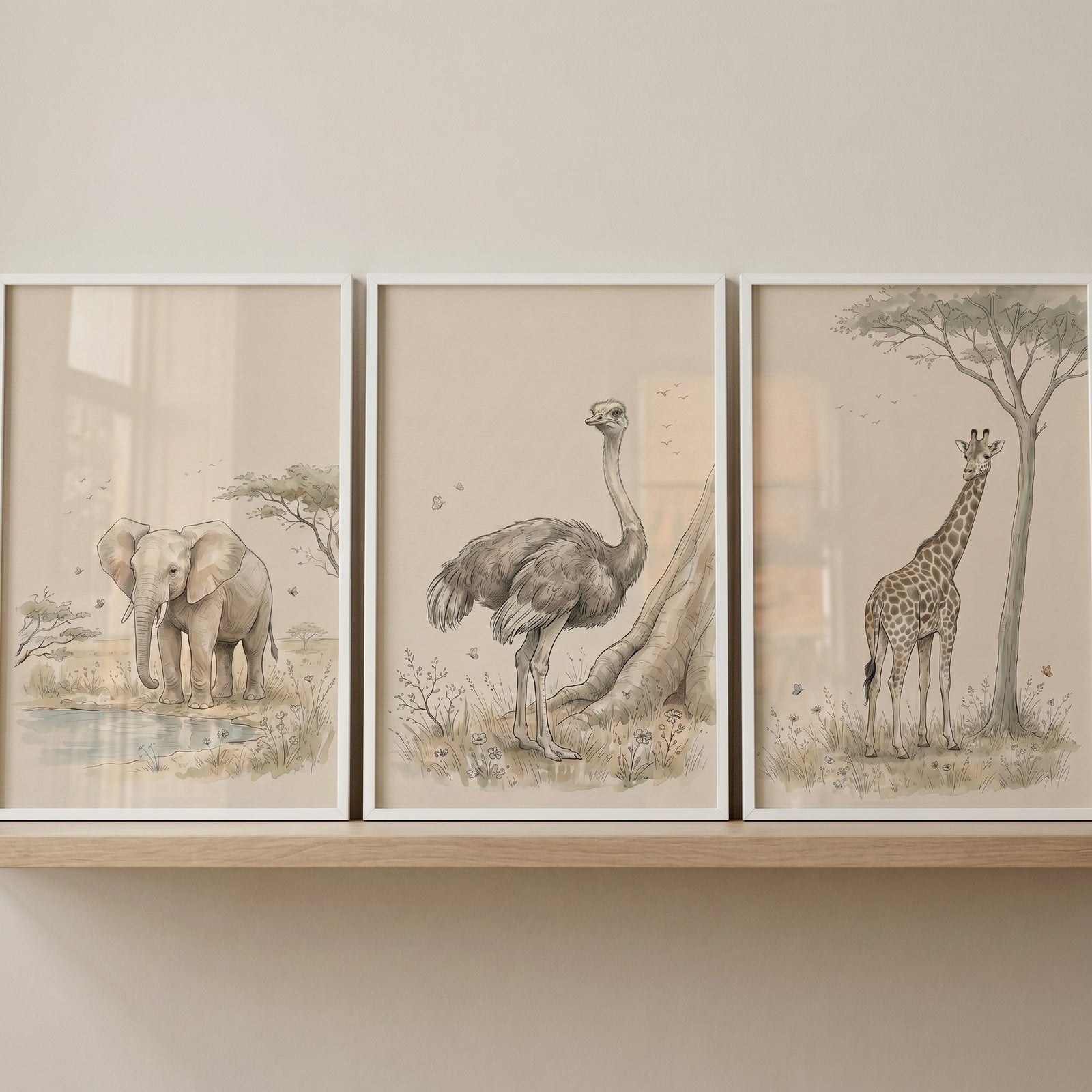 Safari animal wall art set of 3 featuring an elephant, ostrich, and giraffe in muted earth tones on a wooden shelf.