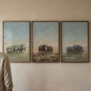 Three vertically-oriented framed artworks hang side-by-side on a light tan wall. Each piece is set in a thin, dark wood frame and depicts a different group of African safari animals in a muted, hazy style with soft blue skies. The frame on the left shows a rhinoceros family with a calf. The middle frame features three cape buffalo standing in tall, dry grass. The frame on the right portrays a group of three hippopotamuses near a body of water. 