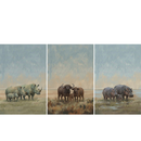 Three softly painted wildlife illustrations arranged side by side on an open savanna under a muted sky. One shows a family of rhinoceroses with a calf walking beside two adults, another shows a family of African buffalo with a calf standing between the adults, and the third shows a family of hippos with a calf standing near shallow water.