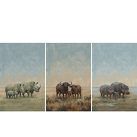 Three softly painted wildlife illustrations arranged side by side on an open savanna under a muted sky. One shows a family of rhinoceroses with a calf walking beside two adults, another shows a family of African buffalo with a calf standing between the adults, and the third shows a family of hippos with a calf standing near shallow water.