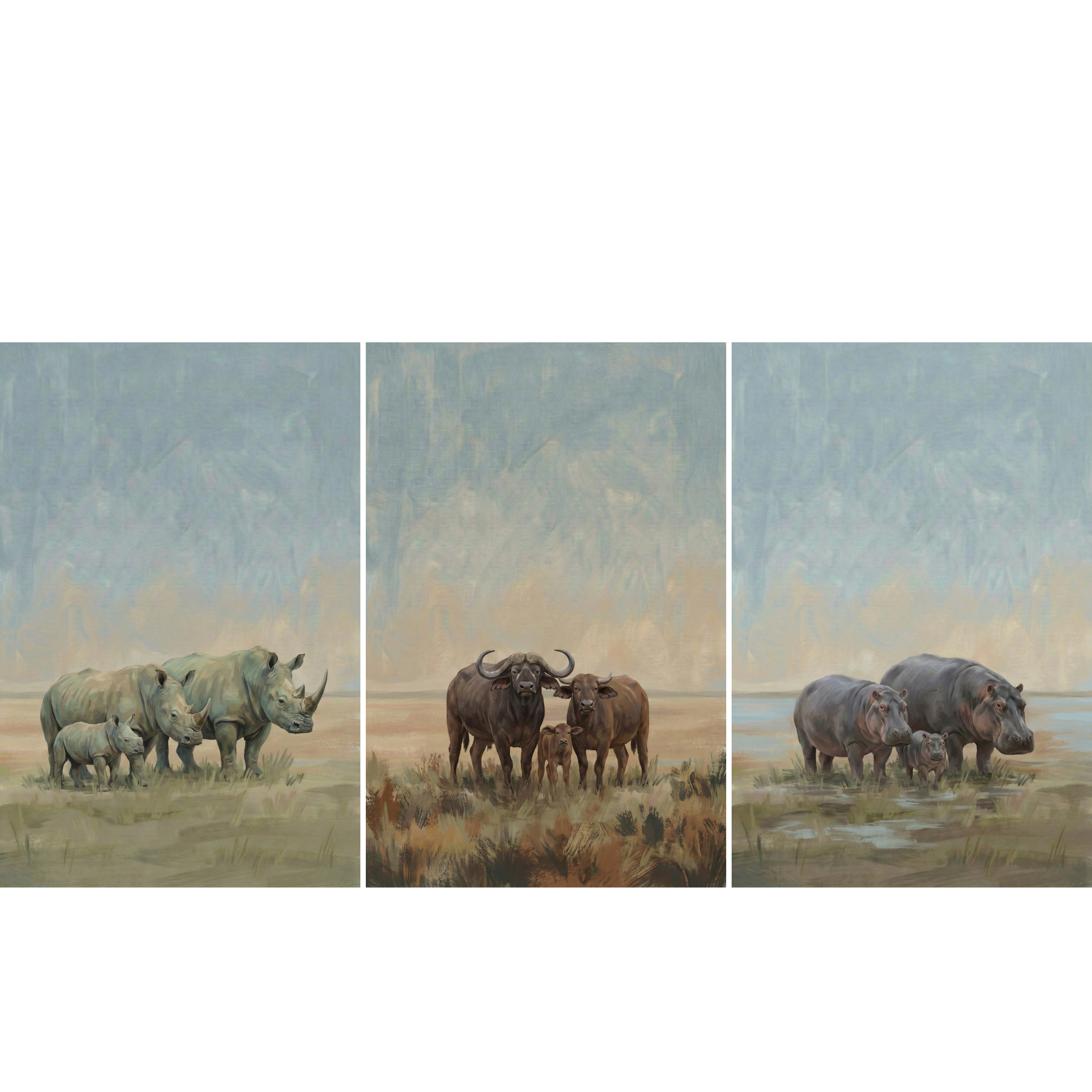 Three softly painted wildlife illustrations arranged side by side on an open savanna under a muted sky. One shows a family of rhinoceroses with a calf walking beside two adults, another shows a family of African buffalo with a calf standing between the adults, and the third shows a family of hippos with a calf standing near shallow water.