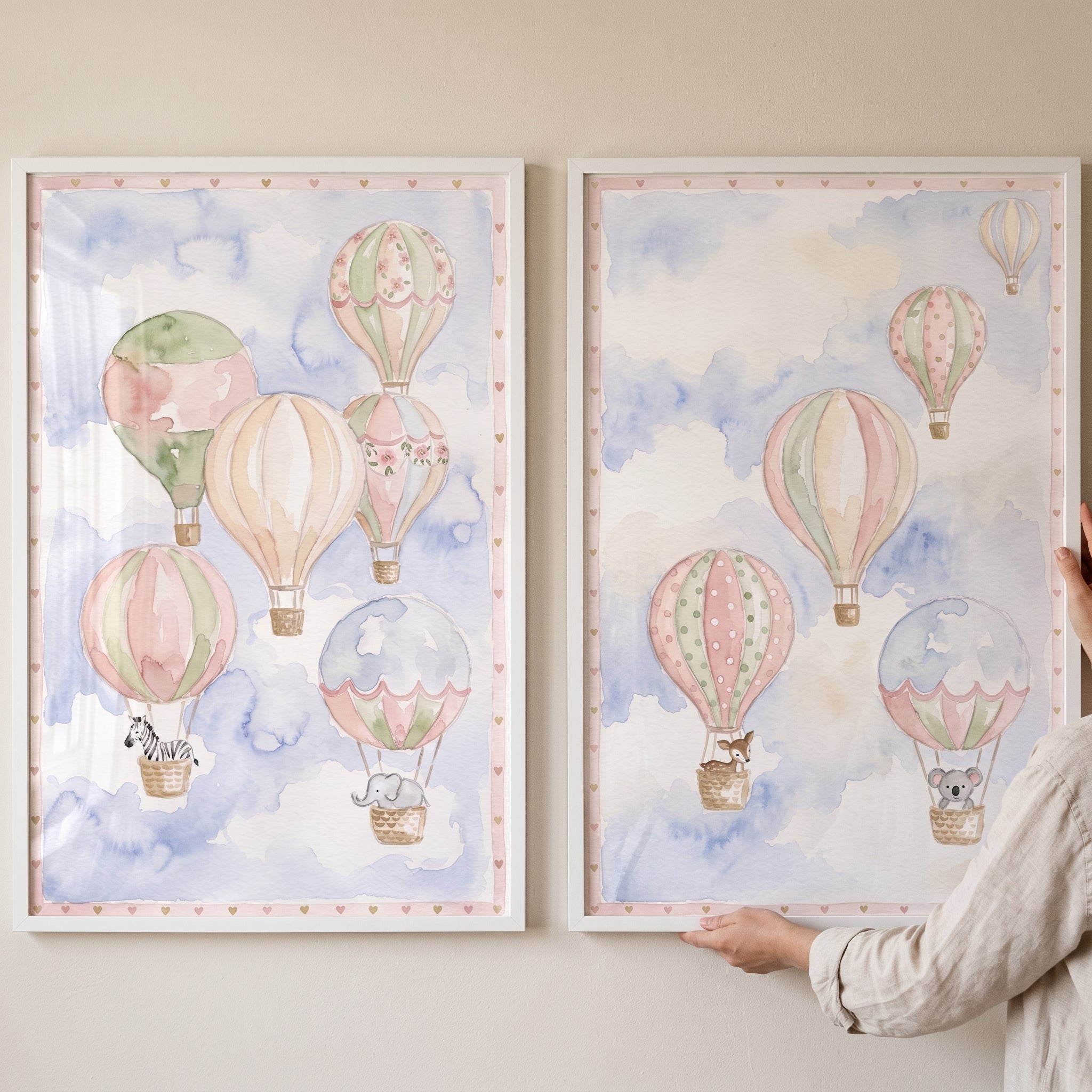 Safari Hot Air Balloon Wall Art Set Of 2 - Pastel Balloon Adventure