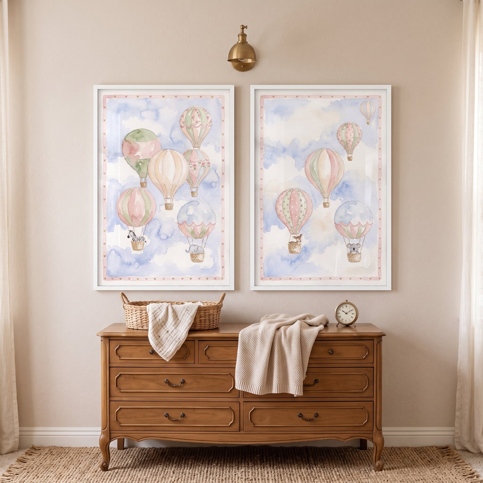 Safari Hot Air Balloon Wall Art Set Of 2 - Pastel Balloon Adventure