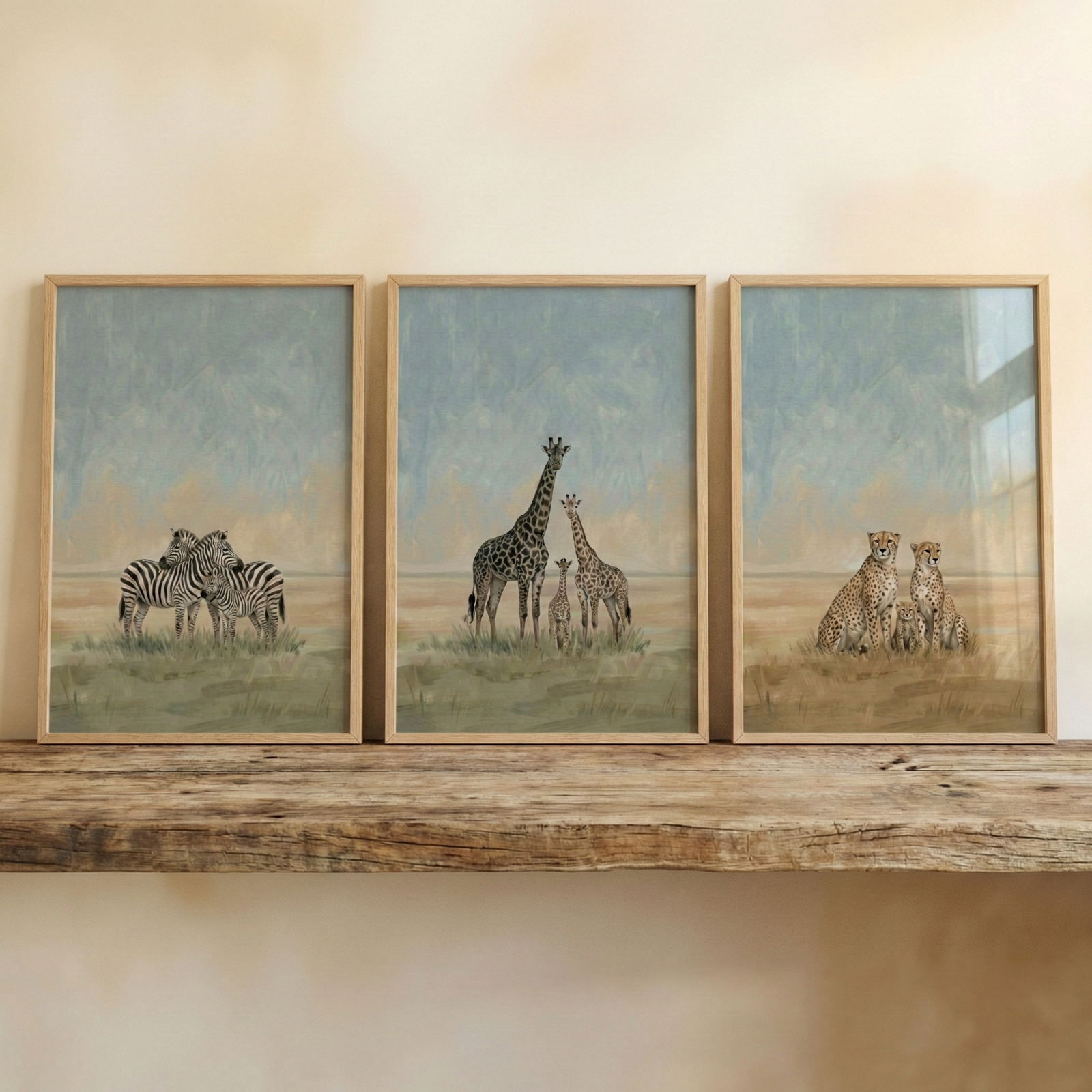 Three wooden-framed illustrations of African animals sit side-by-side on a thick, rustic wooden shelf against a warm neutral wall. The leftmost artwork depicts a small herd of three zebras in a grassy field. The middle artwork shows three giraffes of varying heights. The rightmost artwork features three cheetahs resting in the grass. Each piece shares a cohesive style with soft, muted tones of pale blue, beige, and earthy brown, creating a gentle savanna scene.