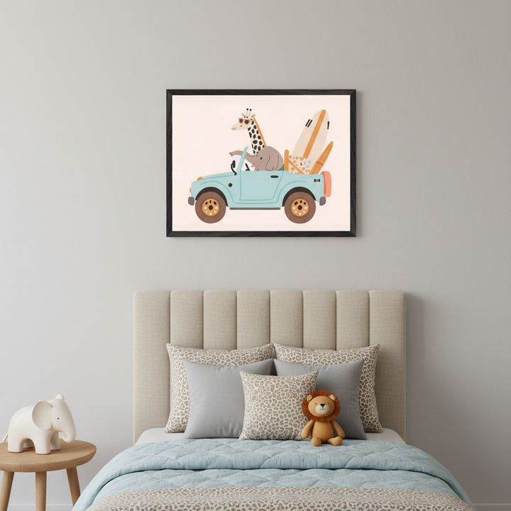 Light gray kid's bedroom with a beige upholstered bed and wooden side table. Above the bed, a black-framed print shows a cartoon giraffe and elephant in a blue jeep with surfboards.
