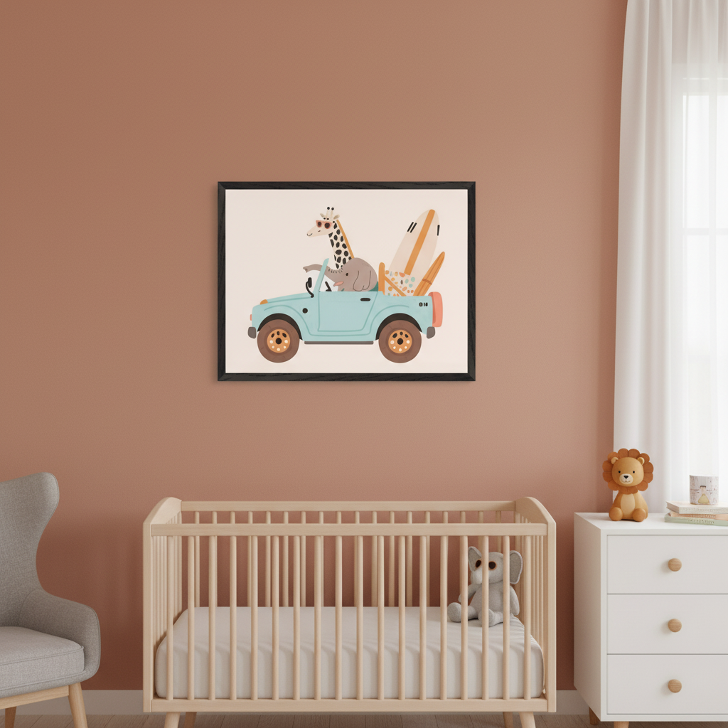 Nursery with a terracotta wall, light wood crib, gray armchair, and white dresser. A black-framed picture of a cartoon giraffe and an elephant in a blue jeep with surfboards hangs above the crib.