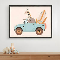 Nursery with a wooden dresser. Above it, a framed illustration shows a giraffe in sunglasses driving a blue jeep with an elephant and surfboards. Wooden toys and a striped vase sit on the dresser.