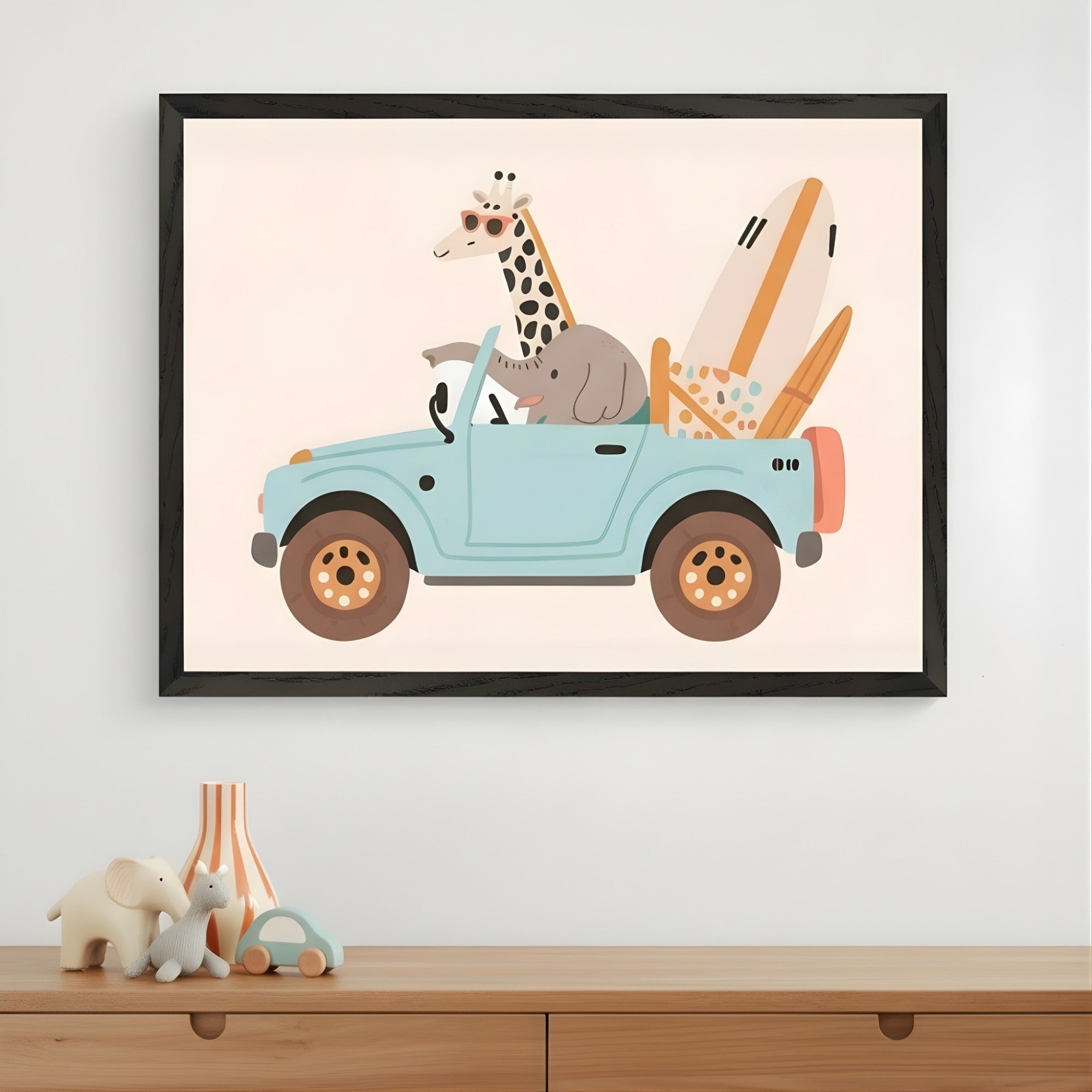 Animals Wall Art for Nursery, Playroom or Kids Bedrooms - Giraffe & Elephant Surfing Adventure Decor - Joyride Jamboree
