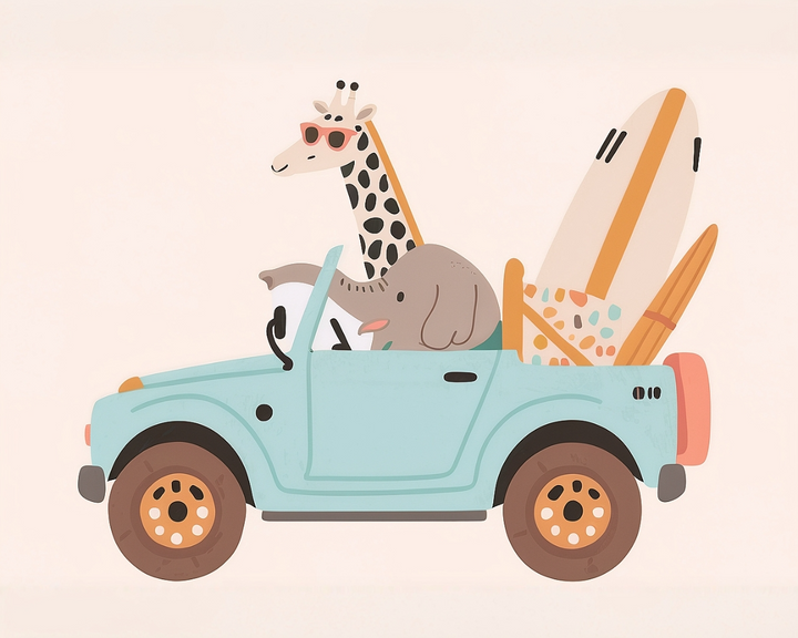 A playful illustration of a giraffe wearing sunglasses and an elephant driving a light blue convertible. The car is loaded with two surfboards, one with a colorful pattern, suggesting a fun beach outing.