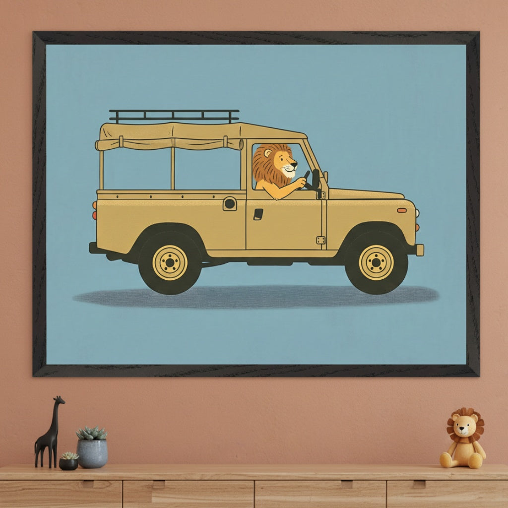 Kid's room with a warm brown wall and wooden dresser. A large black-framed print depicting a cartoon lion driving a beige safari jeep on a light blue background hangs centered above the dresser.