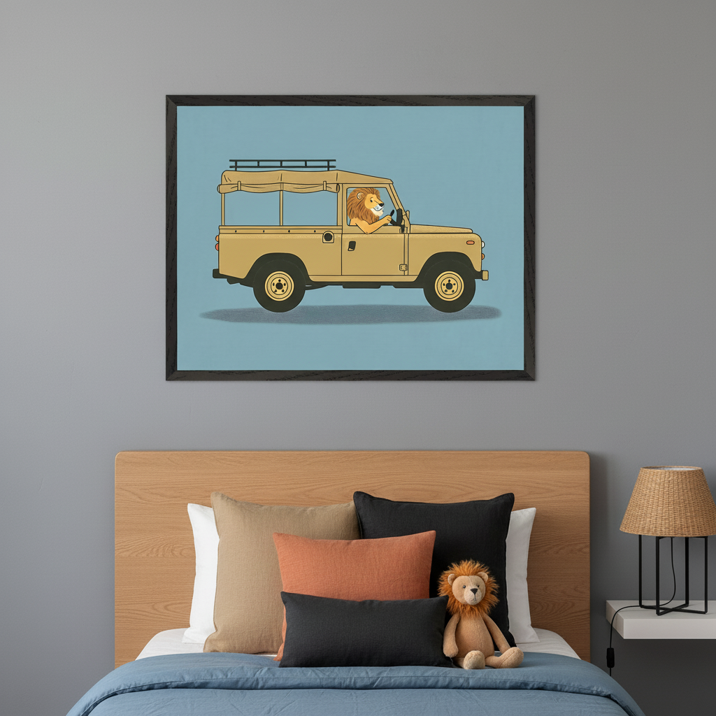 Modern bedroom with a wooden bed. A framed illustration of a smiling lion driving a tan vintage Land Rover-style vehicle against a blue background hangs centered above the bed. A lion plush and pillows are on the bed.