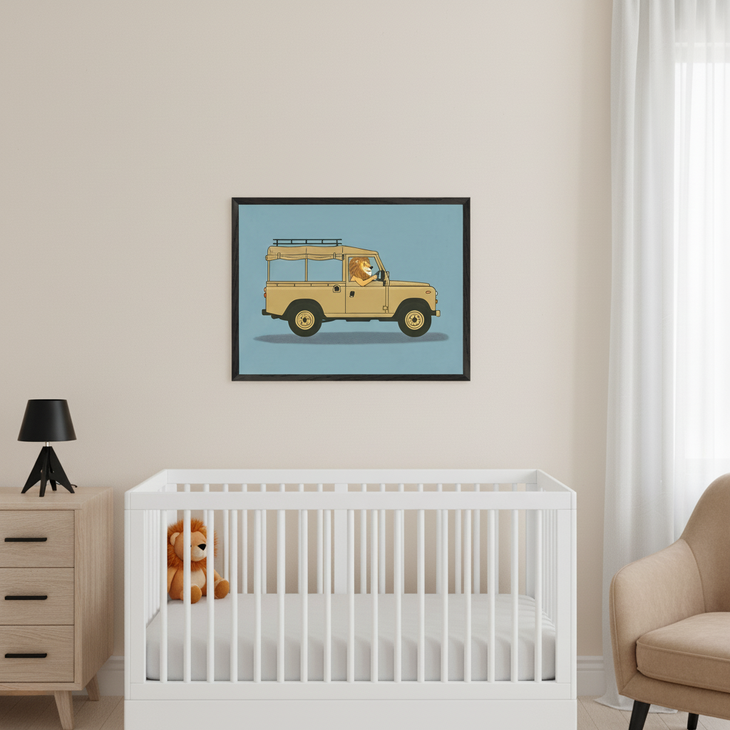 Modern nursery with a white crib, light wood dresser, and beige armchair. A framed cartoon print of a lion driving a beige safari jeep on a blue background hangs centered above the crib.