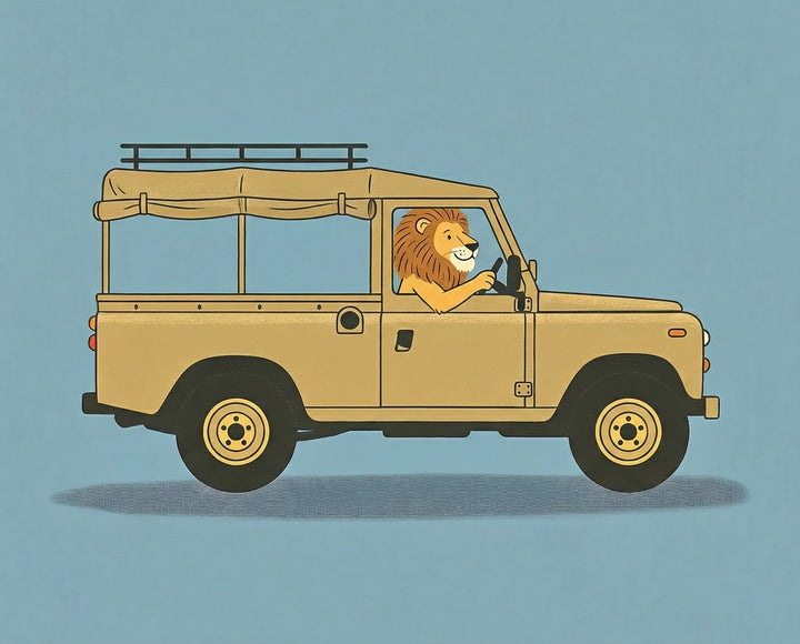 A smiling lion drives a tan safari-style jeep with a canvas top and roof rack, offering a fun animal-themed adventure vibe that appeals to family audiences and wildlife lovers alike.
