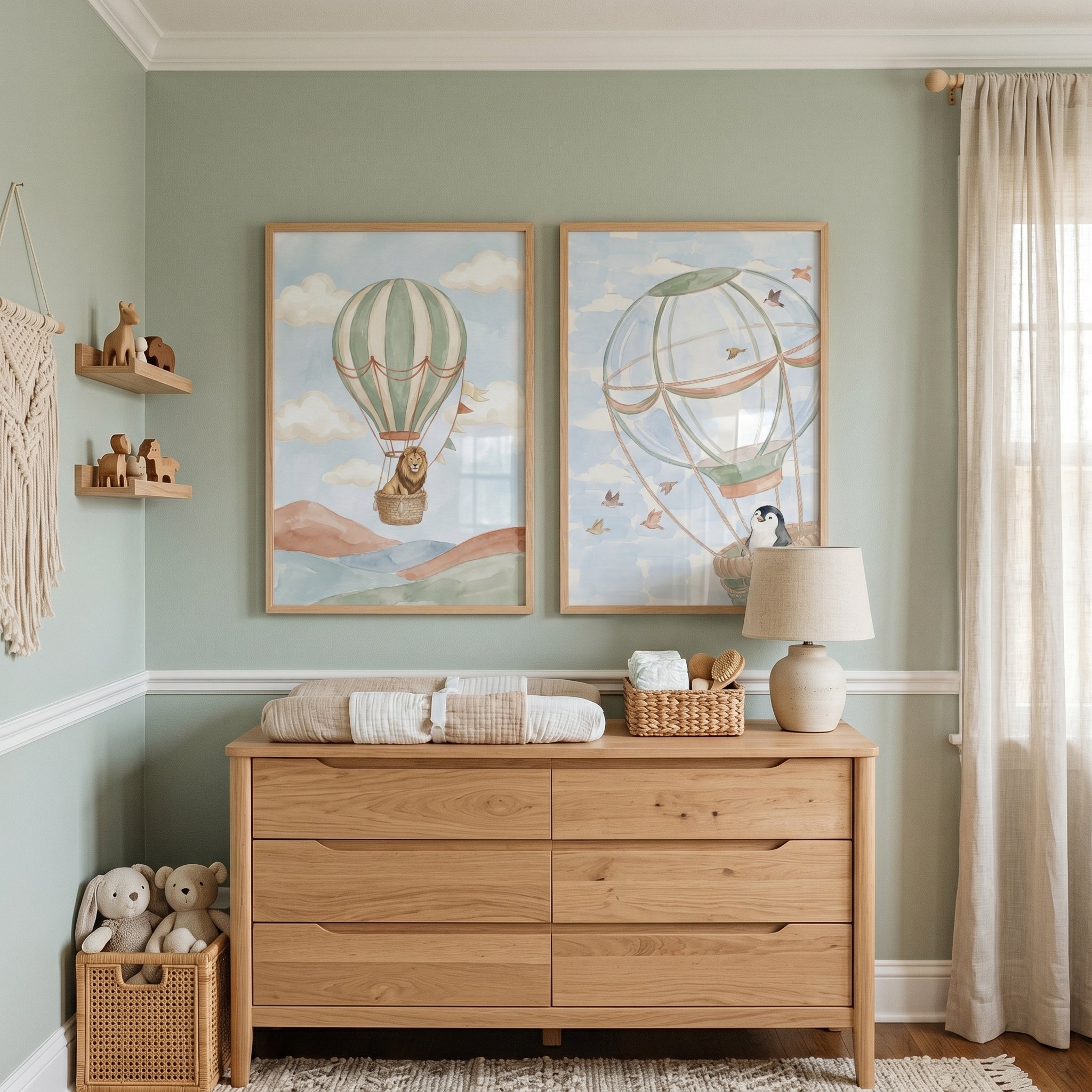 Sage Air Balloon Animals Wall Art Set of 2 - Whimsical Sky Journey