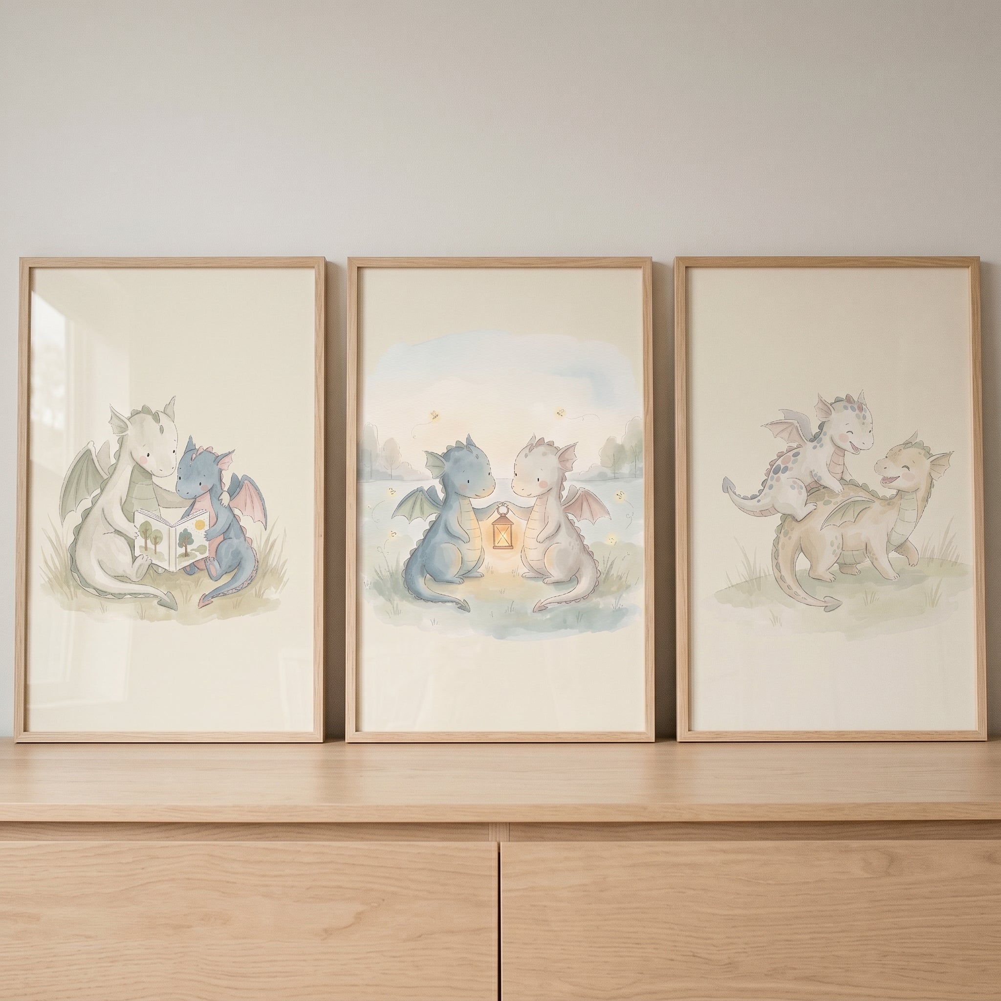 Sage Cream Baby Dragons Wall Art Set of 3 - Little Dragon Friends