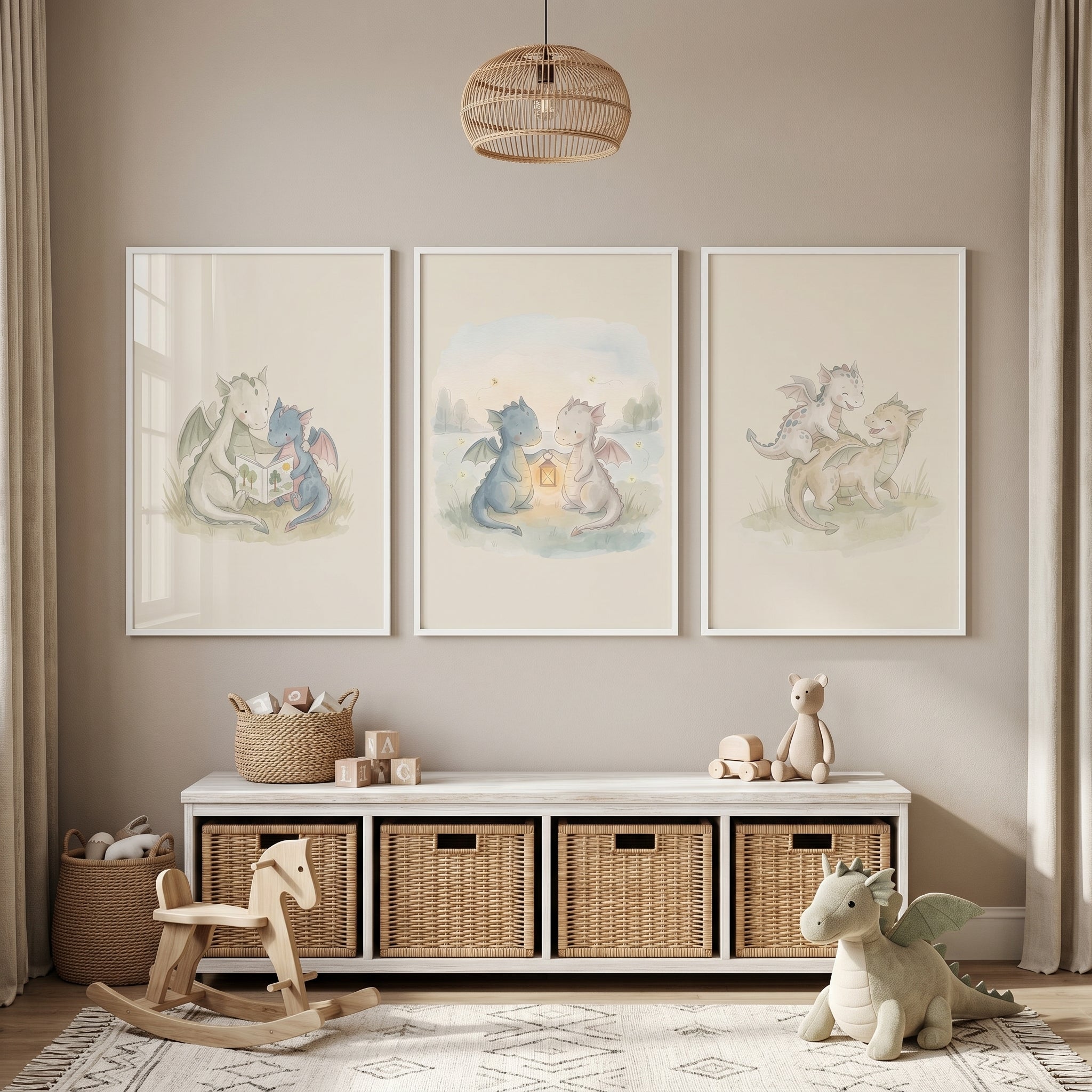 Sage Cream Baby Dragons Wall Art Set of 3 - Little Dragon Friends