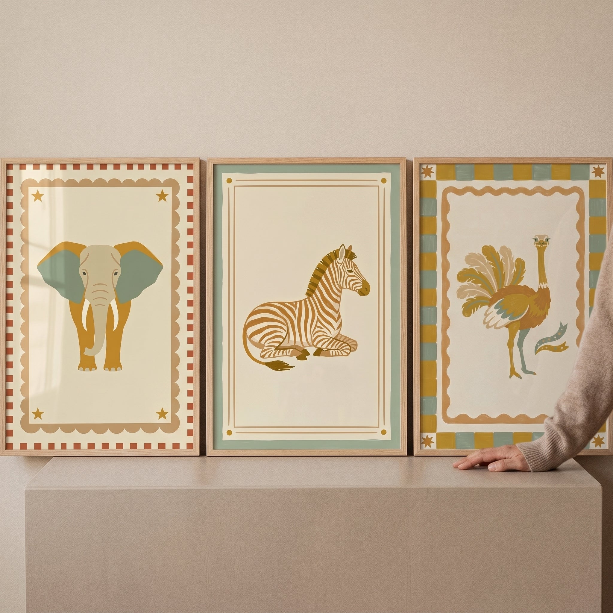 Sage Cream Safari Animal Wall Art Set of 3 - Vintage Safari Trio